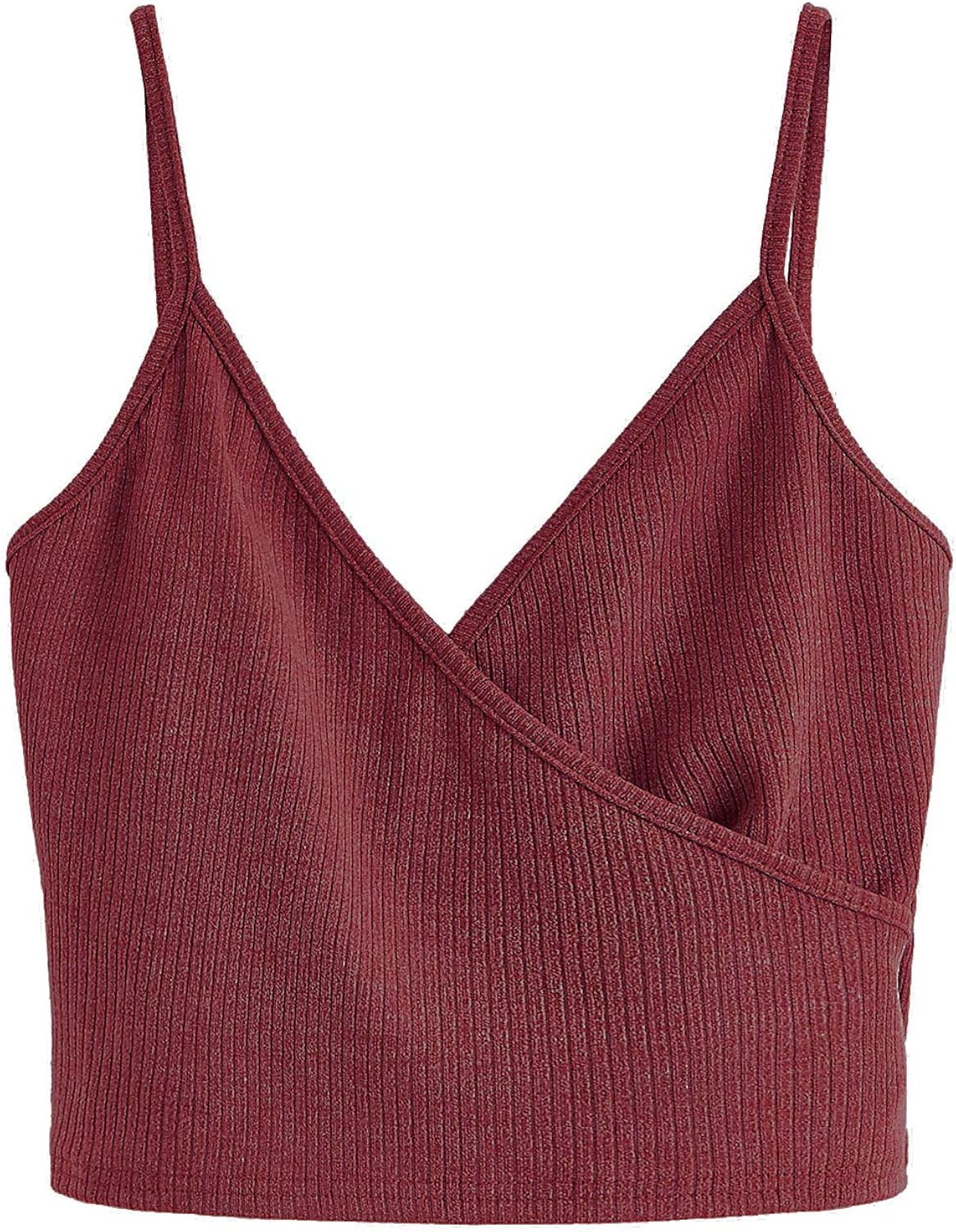 SheIn Women's Casual V Neck Ribbed Knit Overlap Front Crop Cami Top Burgundy Large