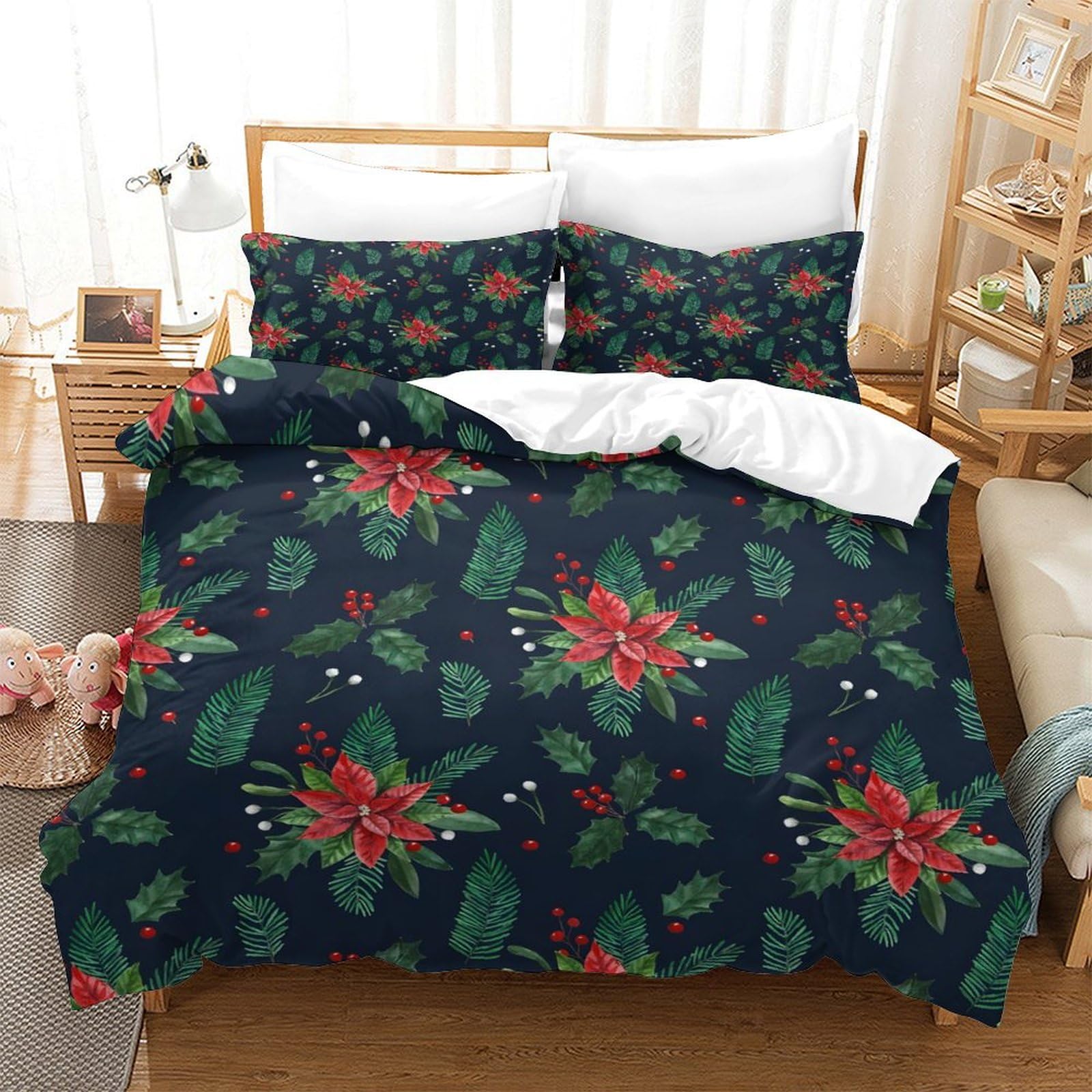 LIAOHENKAN Holly Leaves And Berries Full Size Comforter Set for Teens Adults 3Pcs Bedding Set with Zipper Closure Ultra Soft Quilt Set Breathable Room Decor for All Ages Single（140x200cm）