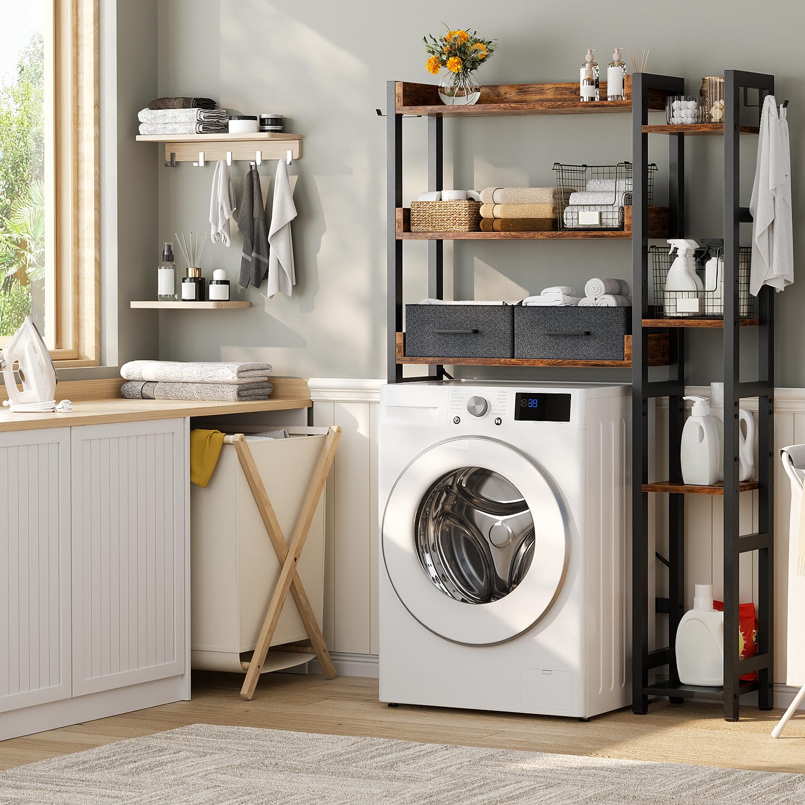 iSunirm Waschmaschinenregal mit 2 Schubladen – 7-stöckiger Toilettenregal mit verstellbarem Regal, Toilettenregal mit 4 Haken für Bad und Waschküche, Rustikales Braun