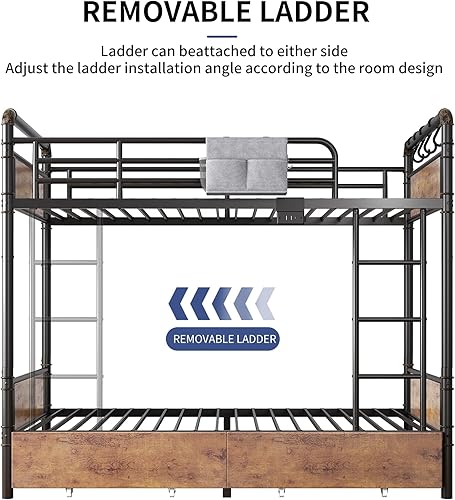 Miniatura 8 de Litera de metal LED individual sobre individual con 2 cajones de almacenamiento, estación de carga USB, literas industriales resistentes con