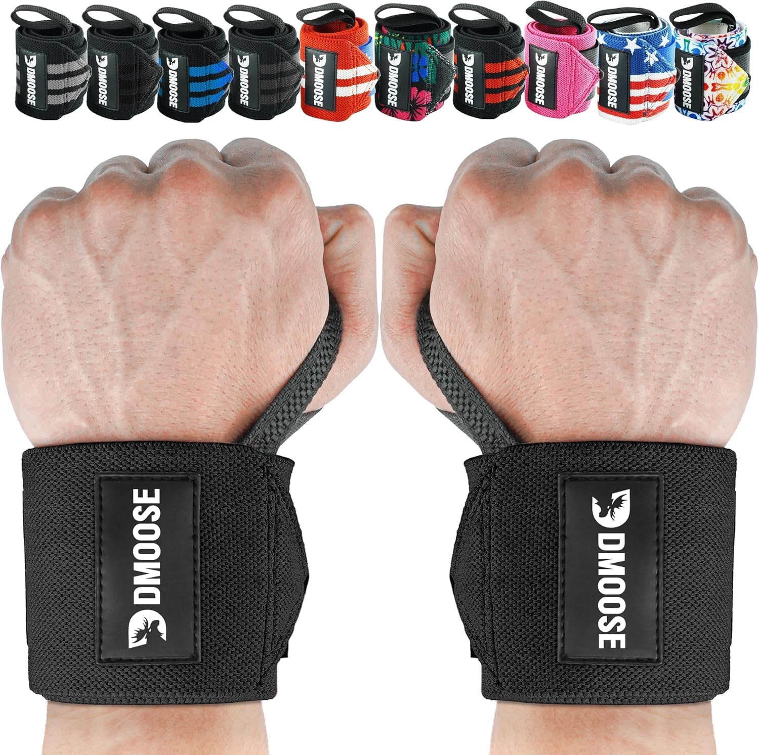 DMoose Fitness Wrist Wraps for Weightlifting 18"- Heavy Duty Gym Wrap with Hand Thumb Loop for Support & Pain Relief, USPA Approved Powerlifting, Weight Lifting Wrist Straps for Men & Women Work Out