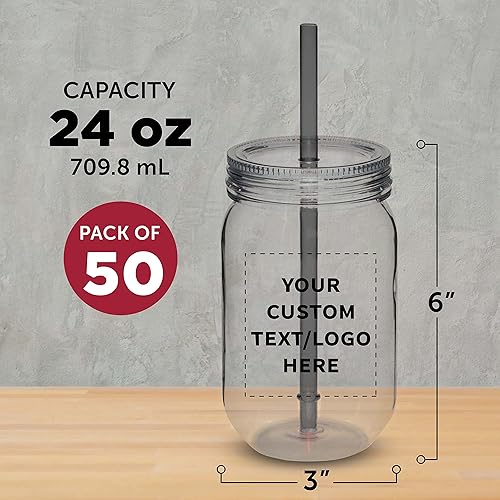 Miniatura 5 de DISCOUNT PROMOS Juego de 50 tarros de plástico personalizados con pajilla, 24 onzas, paquete a granel personalizado  Tarros para avena durante la