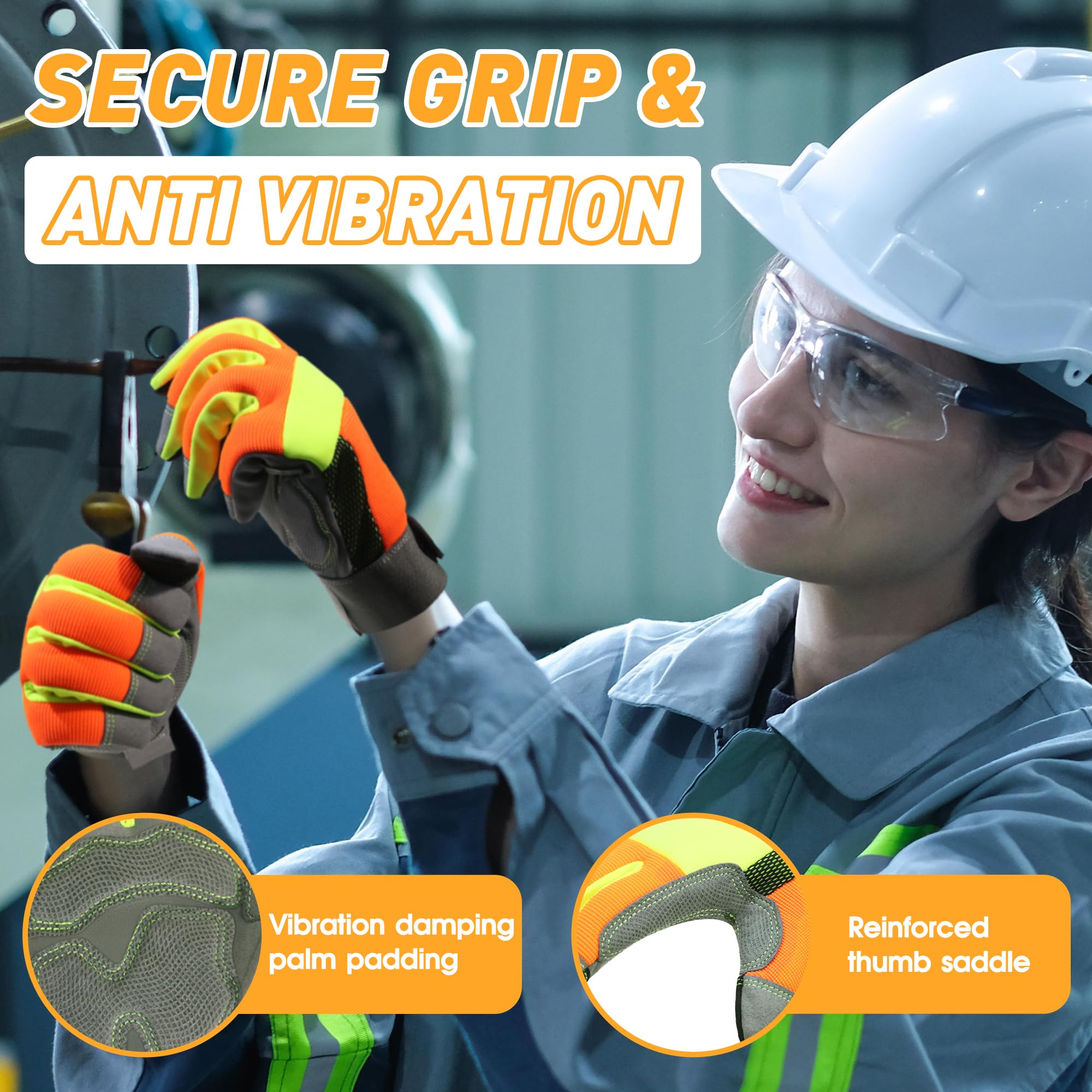 Guantes antivibración, guantes reflectantes de alta visión, pantalla táctil, flexible con parte trasera de elastano y antivibrantes, (XXL, naranja (6 pares))