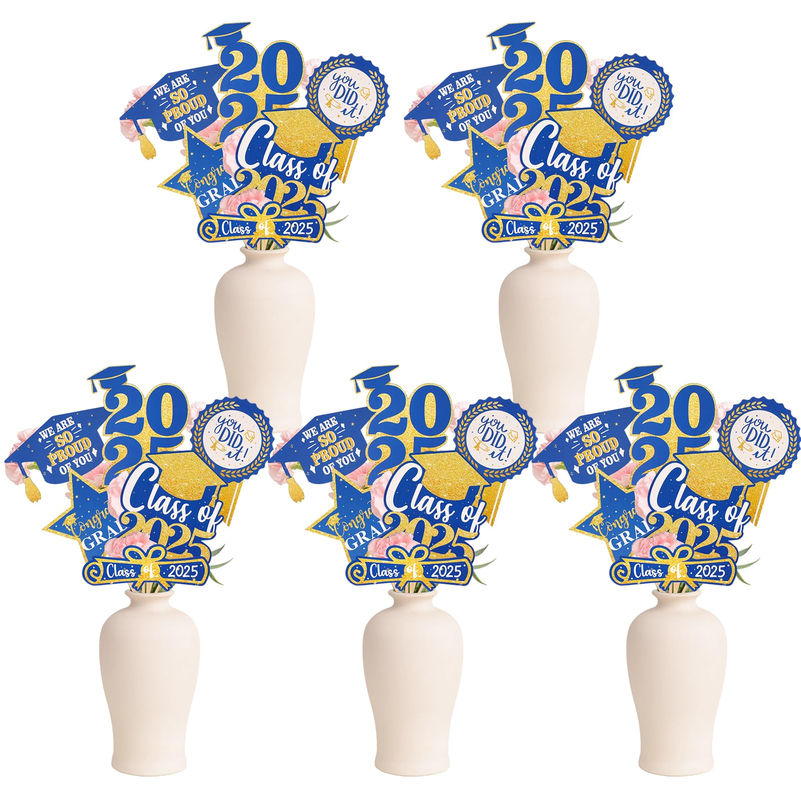 Zienlay 30 Pack Graduation Decorations 2025, Class of 2025 Grad Party Decorations - Blue and Gold Graduation Centerpieces Sticks for Tables, Grad Decor Supplies, Table Toppers for College High School