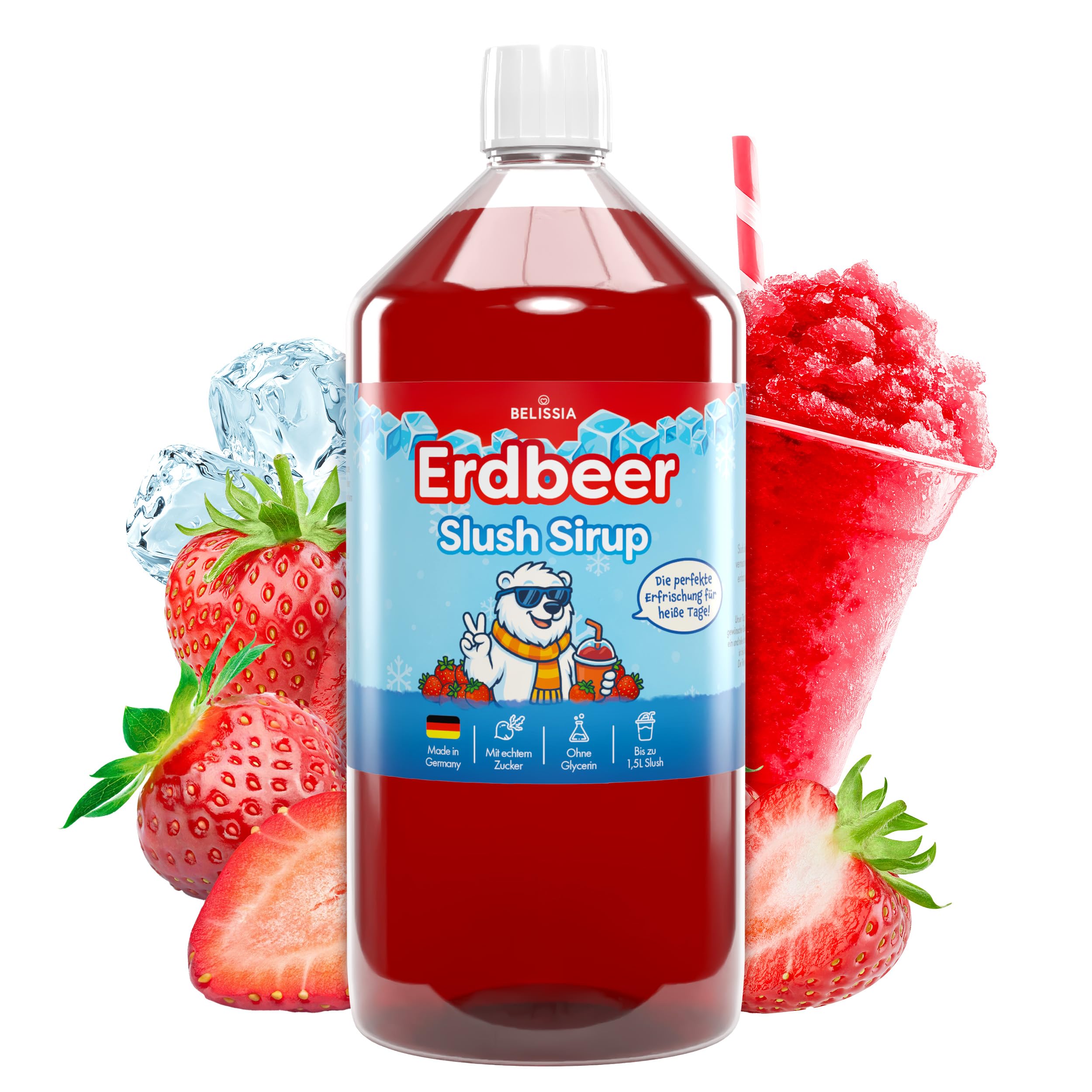 Belissia Slush Eis Sirup 1000ml Konzentrat | Erdbeer Geschmack | sehr ergiebig in knalligen Farben (1:5) für bis zu 6 Liter | Glycerin frei – für Slush-Eis - Maschinen & Wassereis