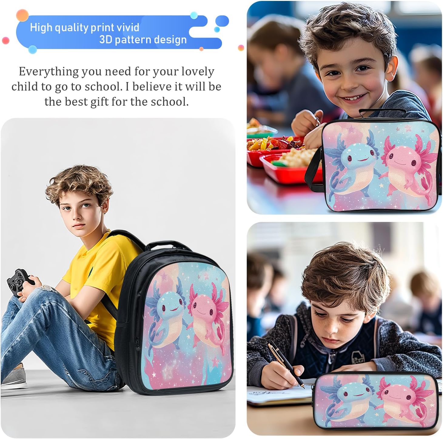 Cute Axolotl Backpack Set 3 Piece School Bags and Lunch Box with Pencil Case Pink Blue Axolotl Bookbag Set for Toddler Kids Girls Boys Teens Kindergarten Elementary Middle - Image 6