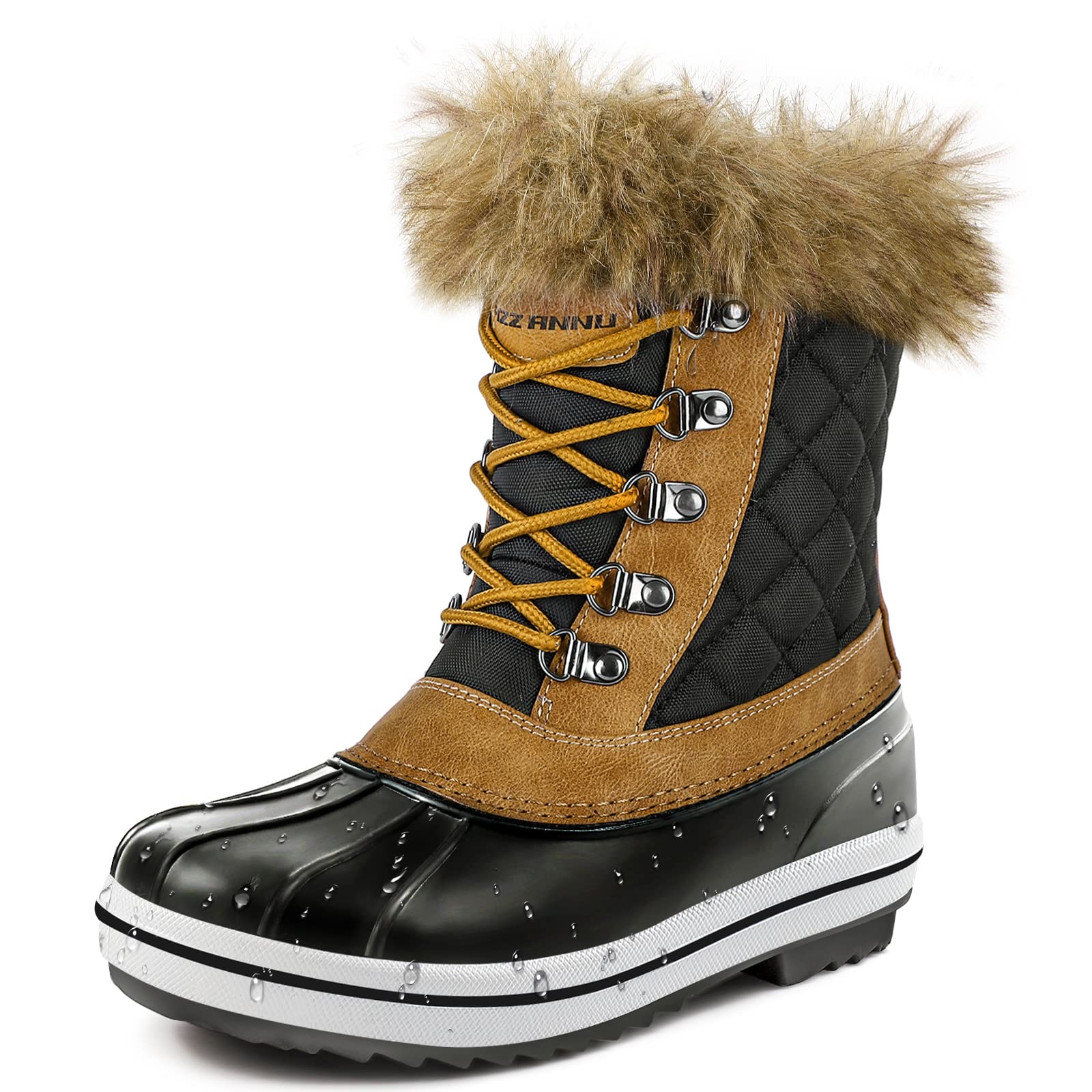 PIZZ ANNUWomen's Snow Boots Waterproof Slip Resistant Warm Faux Fur Lined Lace up Mid Calf Winter Duck Boots Cold Weather Shoes