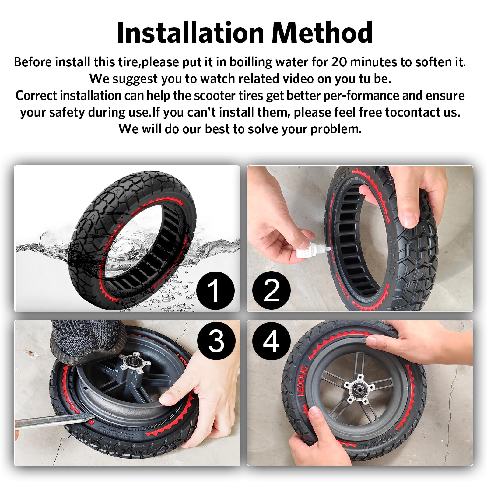 OUXI 10X2.125 Off Road pneumatico per scooter elettrico Ninebot F20/F30/F40/F65, 10 pollici anteriore/posteriore pneumatici in gomma piena Tubeless e-scooter pneumatici(rosso 2pcs)
