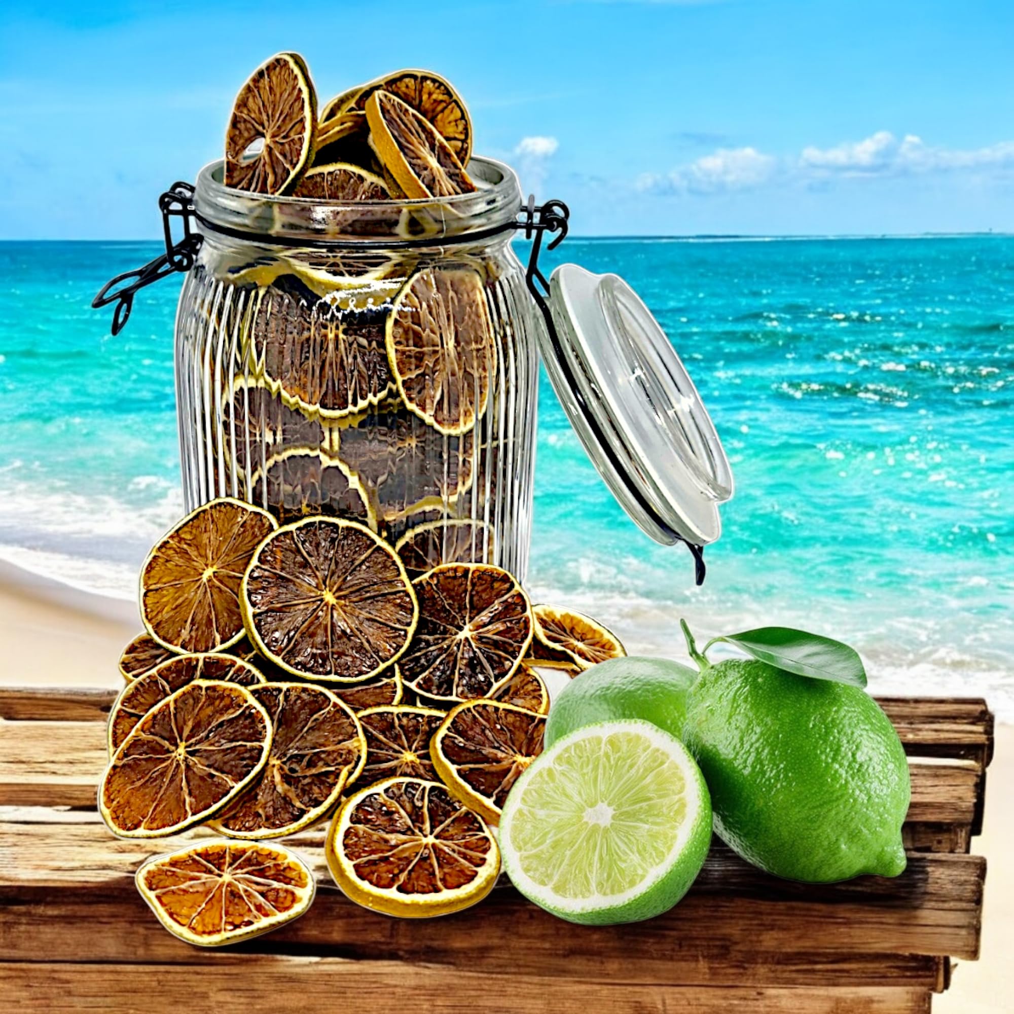 100g - Décoration pour Cocktail, Pâtisserie ou Intérieur - Citron Vert Déshydraté/Séché - Comestible - Bocal à Fermeture Mécanique - Citron Déshydraté - Citron Séché - Citrons Verts - Décoration