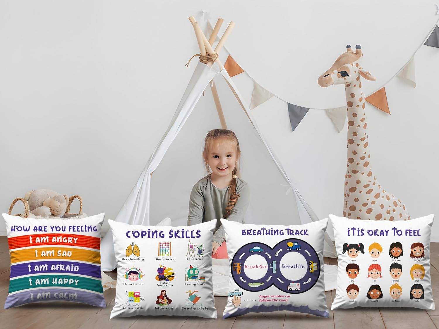 OLEEK Calming Corner Items 2 Kids Pillow case - Calming Pillows for Classroom - Emotions Pillow Calm Down Corner Supplies - Calm Corner Must Haves - Feelings Wheel Cover - Kid Pillows for Classroom