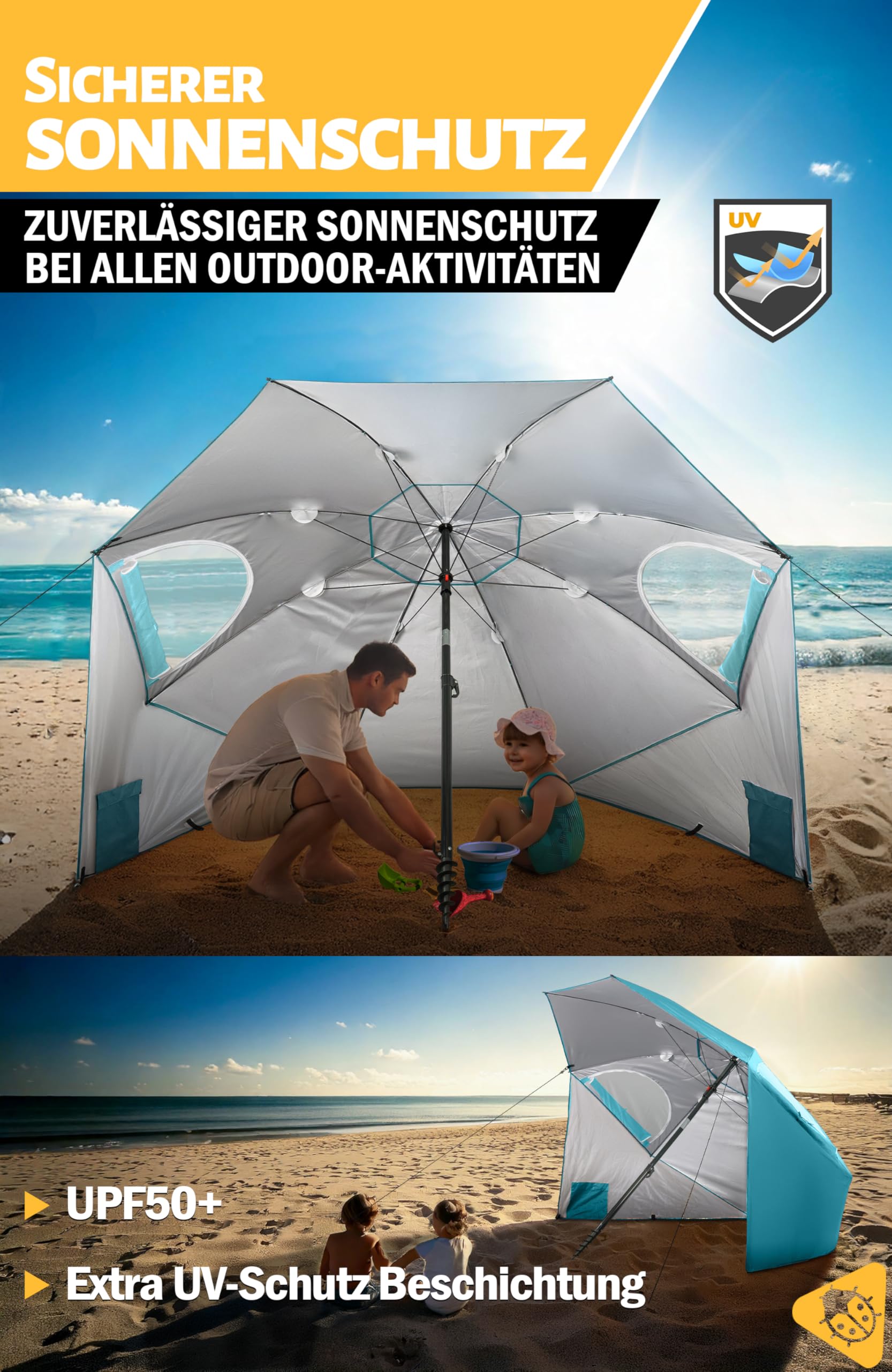 Menz Sonnenschirm Strand windfest stabil Ø 220 cm - Funktionale UPF 50+ Sonnenschirm Muschel, Strandschirm mit Seitenwand, Sonnenschutz Strand, Fb. Türkis