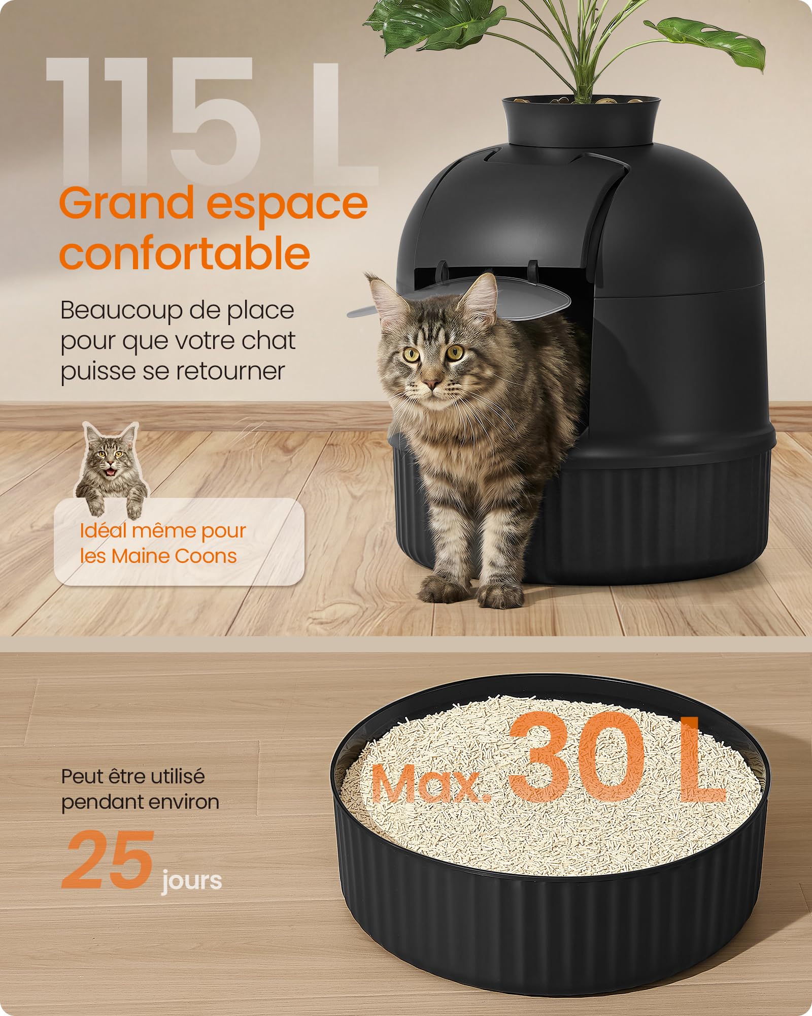 Feandrea Meuble Litière Chat, avec Fausse Plante, Bac à Litière pour Chat avec Porte, Filtre à Charbon, Contrôle des Odeurs, Galets Décoratifs, Pelle, Brosse, Noir d'encre PPT006B101