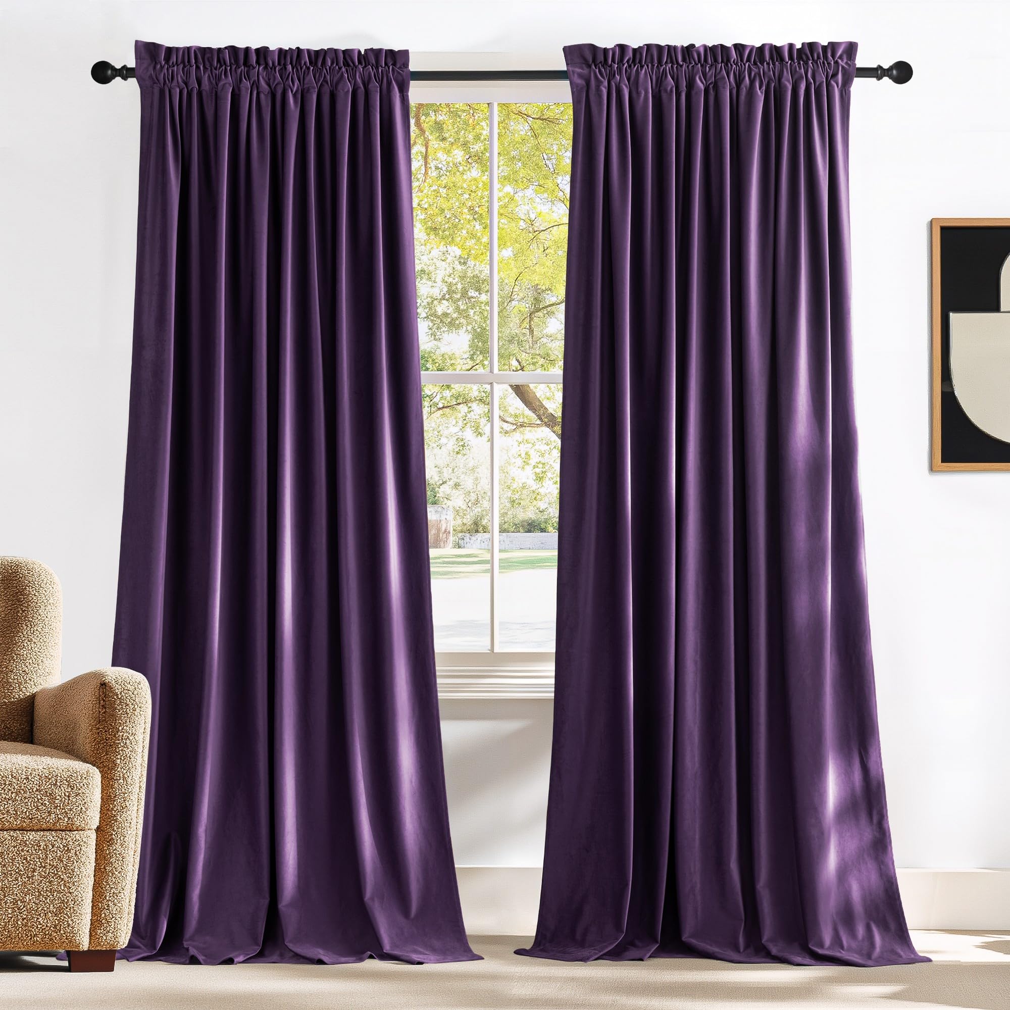 NICETOWN Purple Velvet Curtains and Drapes, Extra Long Elegant Wall Backdrop Drapes for Holiday Season Home Decoration (Set of 2, Rod Pocket Design,