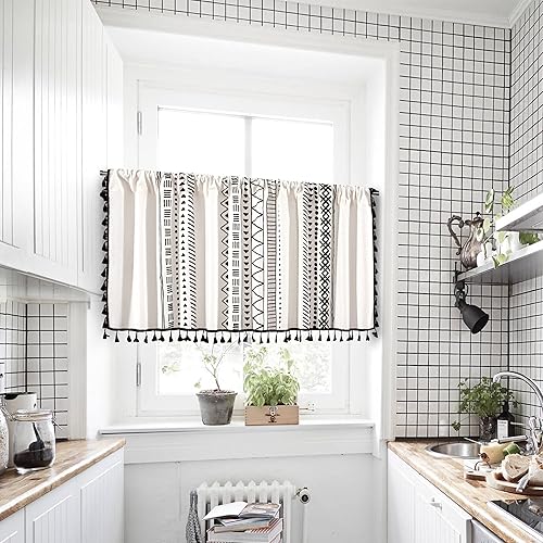 Miniatura 9 de Cortinas de lino con borlas bohemias para ventana, semiopacas, panel geométrico bohemio para sala de estar, cocina, cafetería, comedor, cenefas