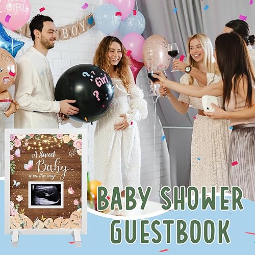 Miniatura 6 de Kosiz Marco de libro de invitados de madera rústica floral para baby shower, libro de invitados con diseño de mariposa rosa con corazones de madera