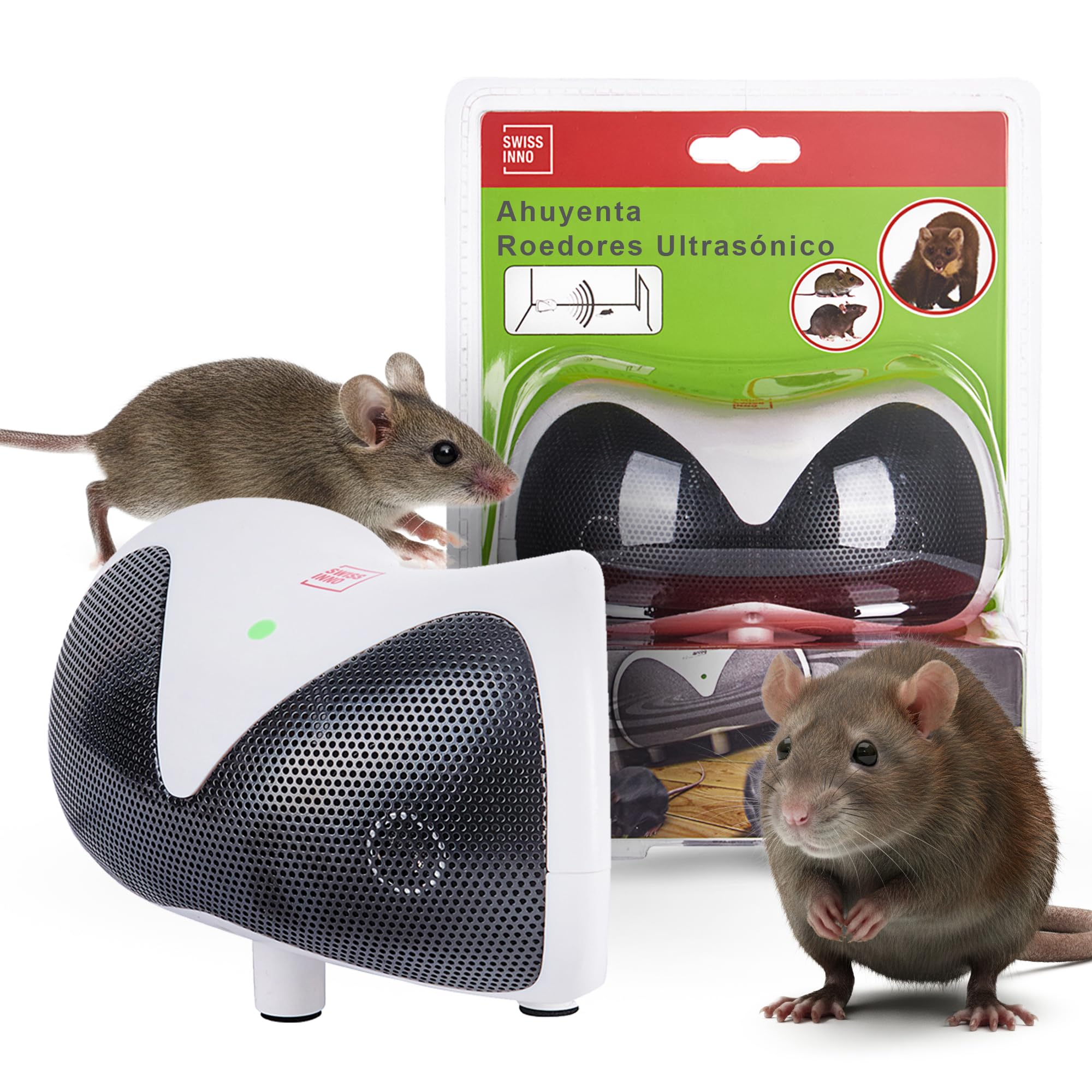 SWISSINNO Repelente Ultrasónico de Roedores 30 m² - Ahuyentador Electrónico de Ratones Ratas y Martas para Interiores - Repelente Ultrasónico con Doble Altavoz - Funciona por Enchufe