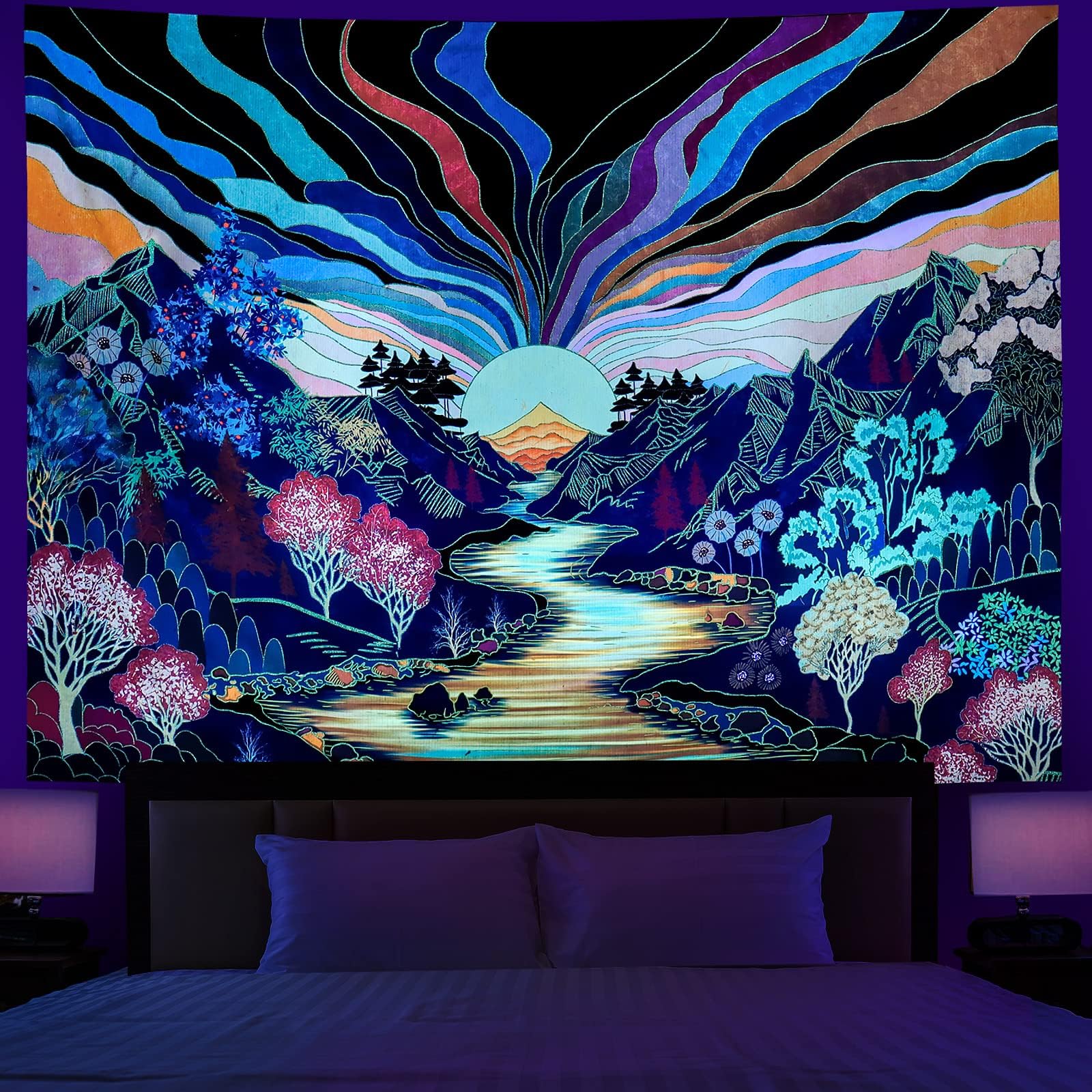 Blacklight Forest Mountain Tapestry Sun Tapestry UV Reactive Retro Landscape Tapestries Black Light Watercolor Flower Trees Wall Art Tapestries Wall Hanging for Home Decor