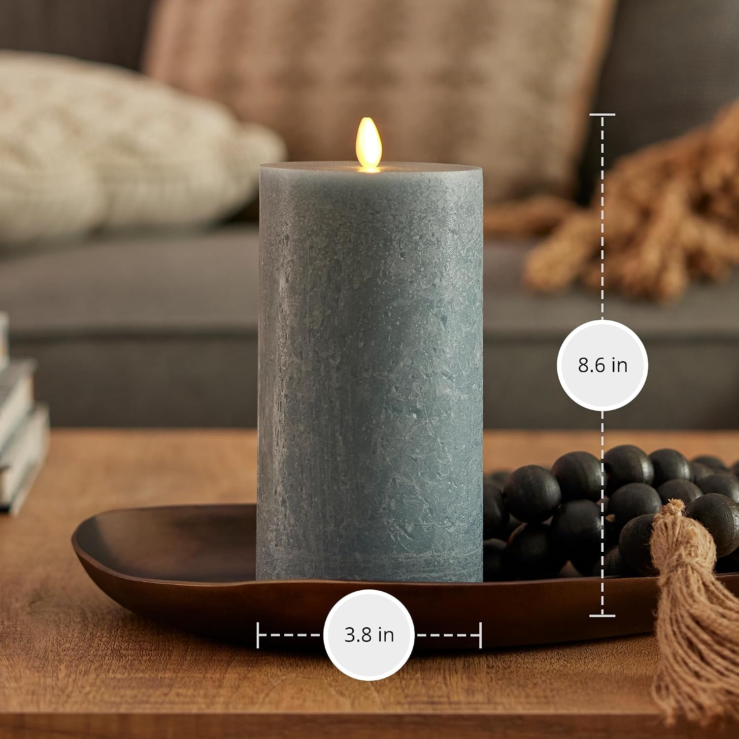 Luminara Seaglass Rechargeable Flameless LED Candle, Silver Blue 3.8" x 8.6", Moving Flame Pillar Timer, USB Type-C Charging Cable, Unscented Real Wax