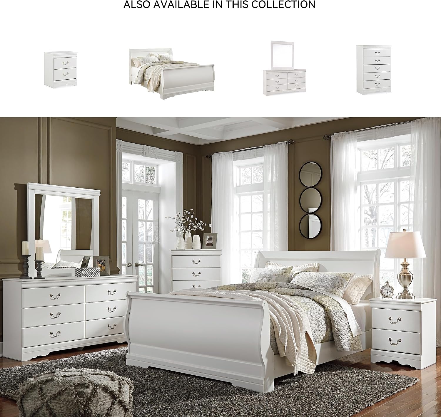 Signature Design by Ashley Anarasia Traditional Queen Sleigh Bed with Metal Slats, Foundation or Box Spring Needed, White
