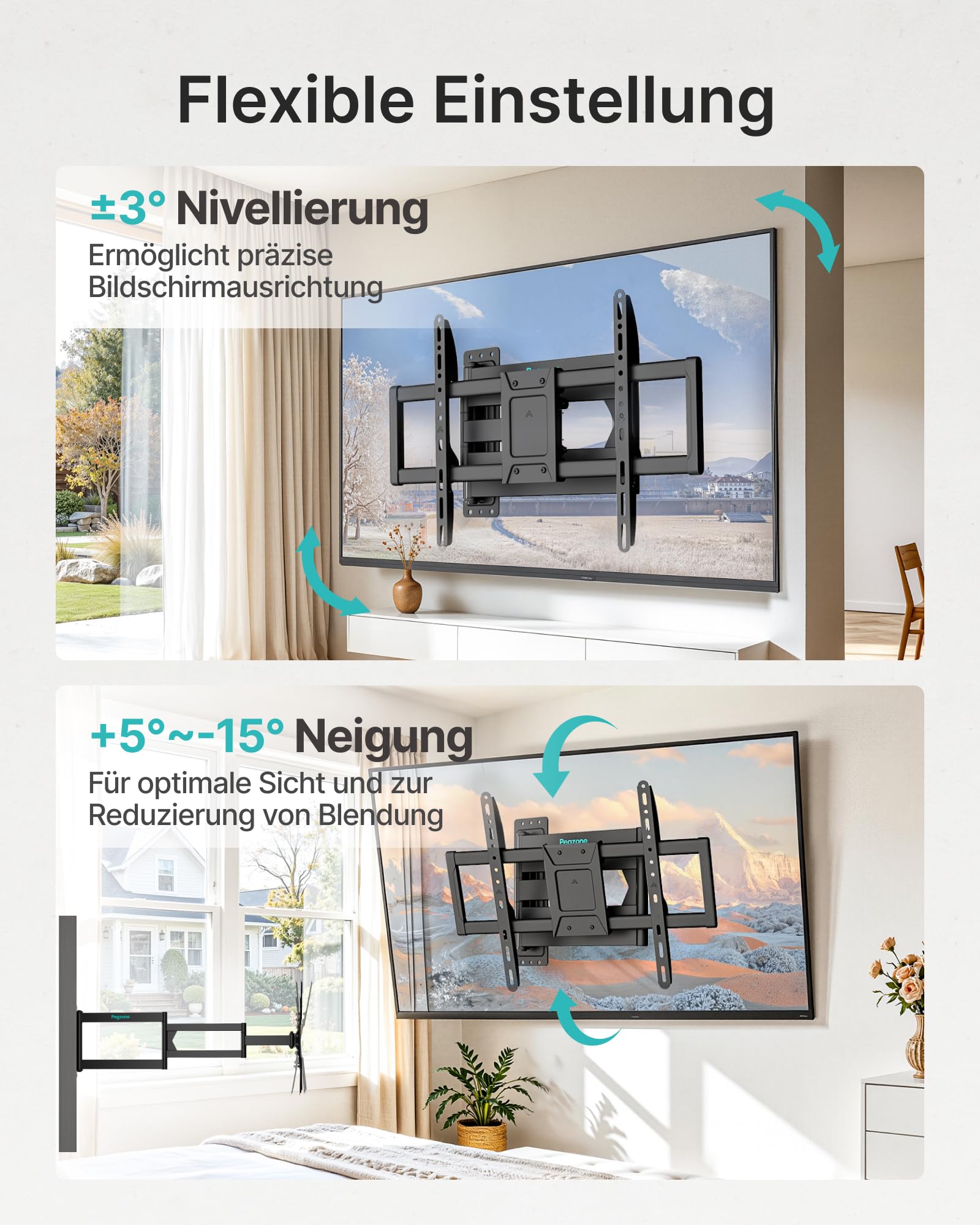 PEGZONE TV Wandhalterung Langarm 85-975mm 37-86" bis 50kg, VESA max.600x400 | Wandhalterung Fernseher für LCD, LED & OLED, schwenk- und neigbarer extra langer Arm, inkl. praktischer Kabelbinder