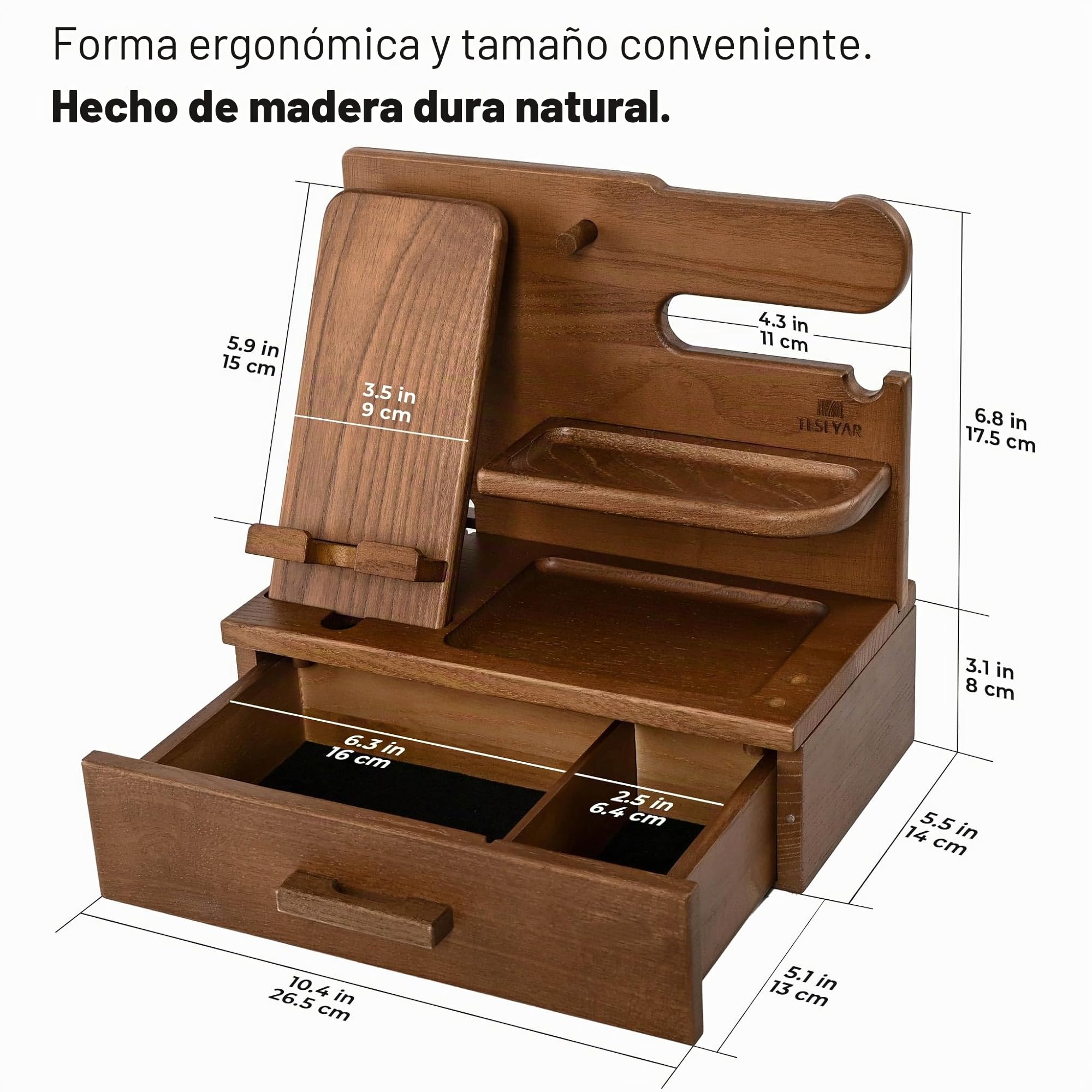 TESLYAR Estación de Acoplamiento de Madera para Teléfono con Cajón Organizador de Escritorio para Marido Regalos de Cumpleaños para Hombres Papá Regalo Padre Dia del Padre Regalos