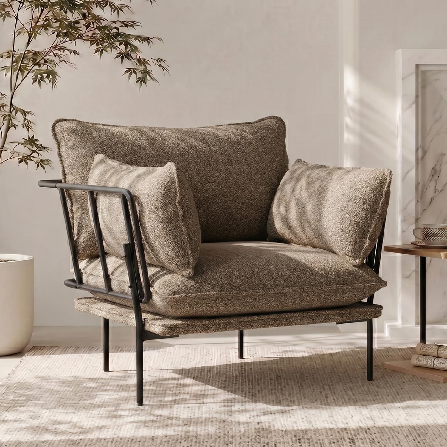 YEEFY Modern Accent Chair for Bedroom Upholstered Reading Chair with Side Pockets Comfy Living Room Chairs Living Room Armchair Sofa with Metal Legs for Office, Apartment (Brown,1)