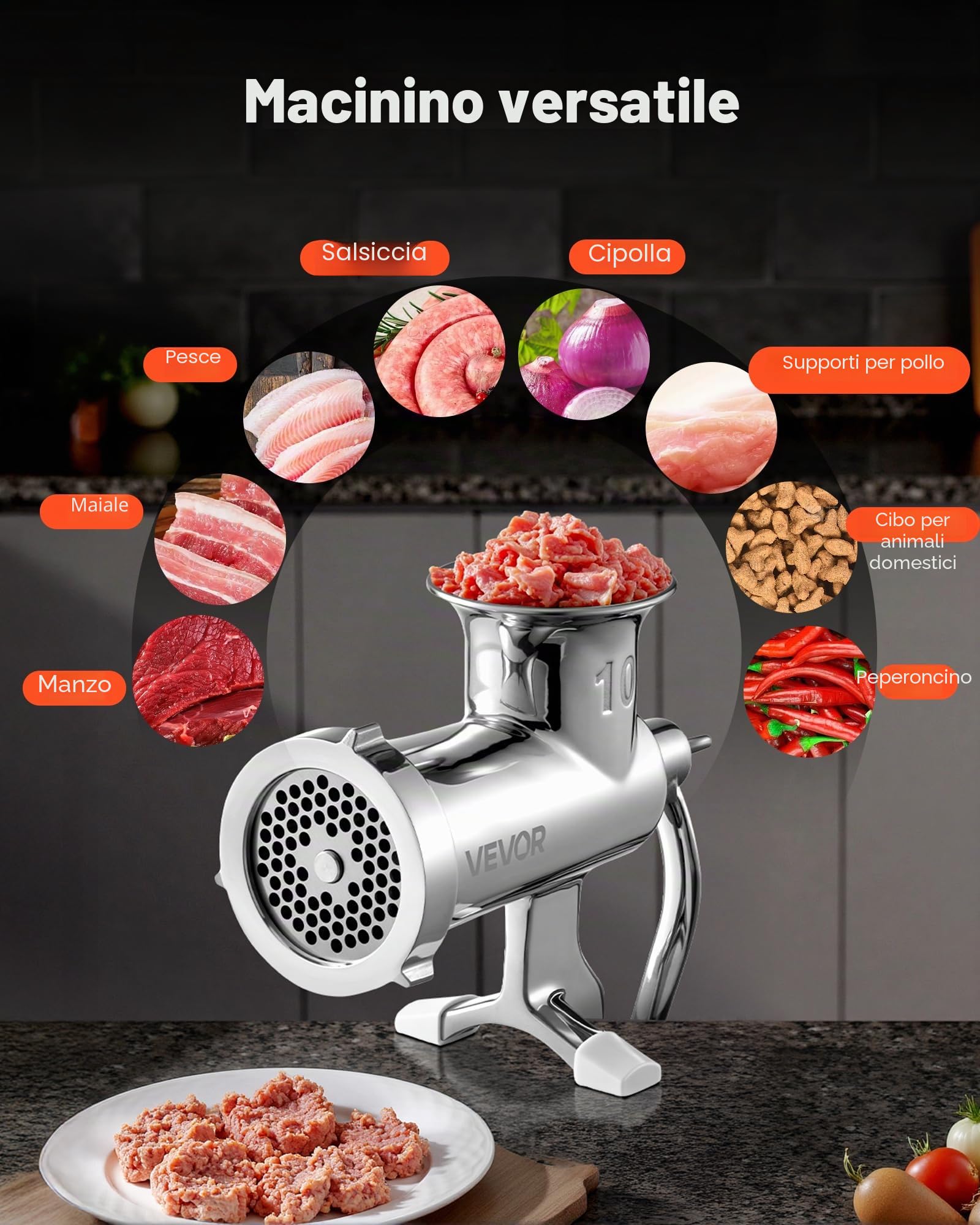 VEVOR Tritacarne Manuale per Impieghi Gravosi, Tritacarne in Acciaio Inossidabile 304 Diametro 8/8,3 cm, Uso per Macinazione di Verdure, Noci, Carne di Maiale, Manzo, Pollo, Pepe, Aglio, Arachidi, ecc