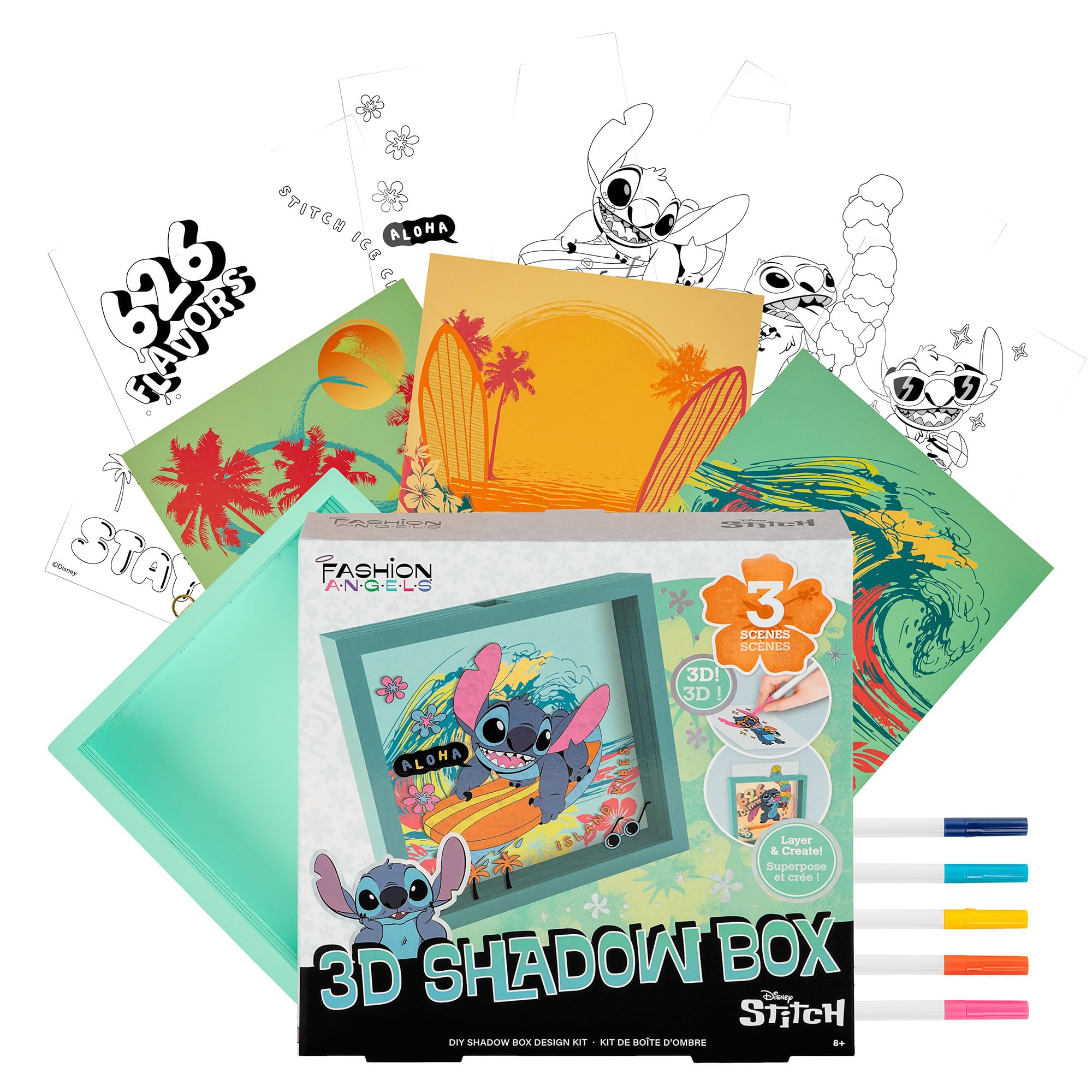 Fashion Angels Disney Stitch DIY 3D Shadow Box Kit, Kids Craft Set with Markers, Colorable Inserts & Backgrounds, Ideal Art Project for Girls & Boys