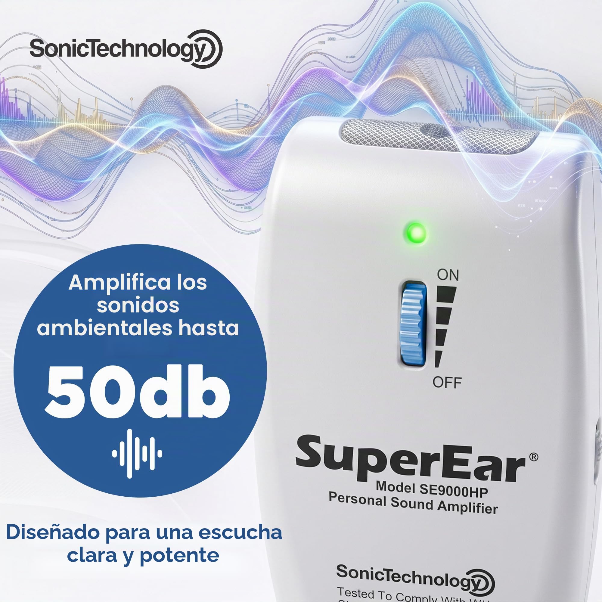 SuperEar Amplificador de sonido recargable sistema completo con auriculares y auriculares aumenta el sonido 50 dB, la selección de frecuencia de 3 tonos facilita la evaluación