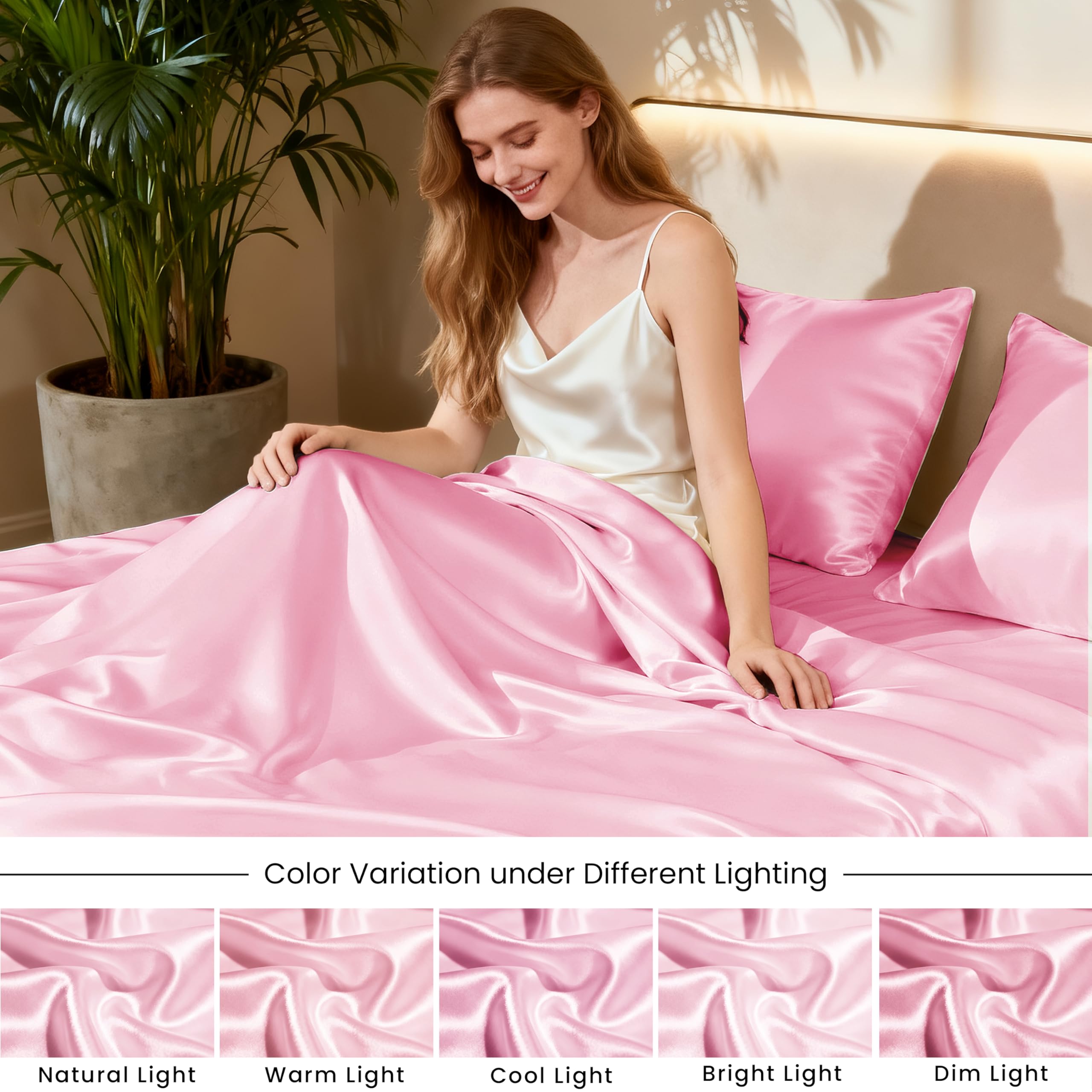 Love's cabin Satin Queen Sheets Set - 4 Piece Pink Silky Bed Sheets Set with Deep Pocket, Luxury Silk Feel Satin Queen Size Sheet Set (1 Flat Sheet, 1 Fitted Sheet, 2 Pillow Cases): Queen Pink.