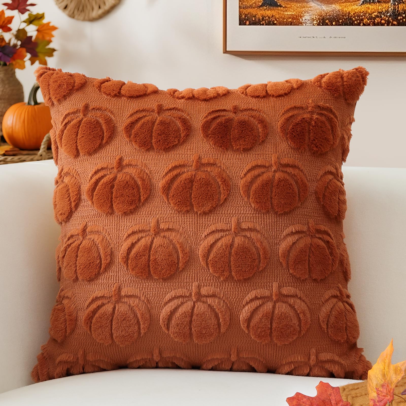 JOTOM Rust Pumpkin Fall Cushion Covers 60x60cm Soft Plush Faux Fur Autumn Thanksgiving Decorative Throw Pillow Covers Pillow Case for Home Bedroom Couch Sofa Decor (Rust) - Image 4