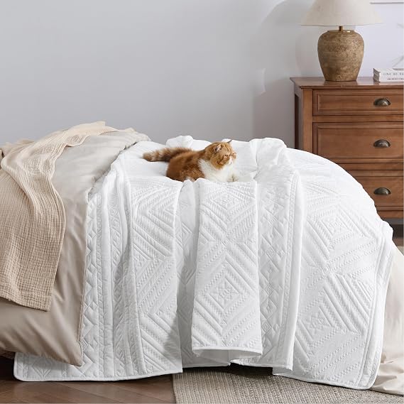 Bedsure Boho Quilt Queen Size - Lightweight Bedspread Queen Size with Geometric Stitched Pattern, White Farmhouse Soft Bedding Set Coverlet with 2 Pillow Shams for All Seasons, 90x96 inches