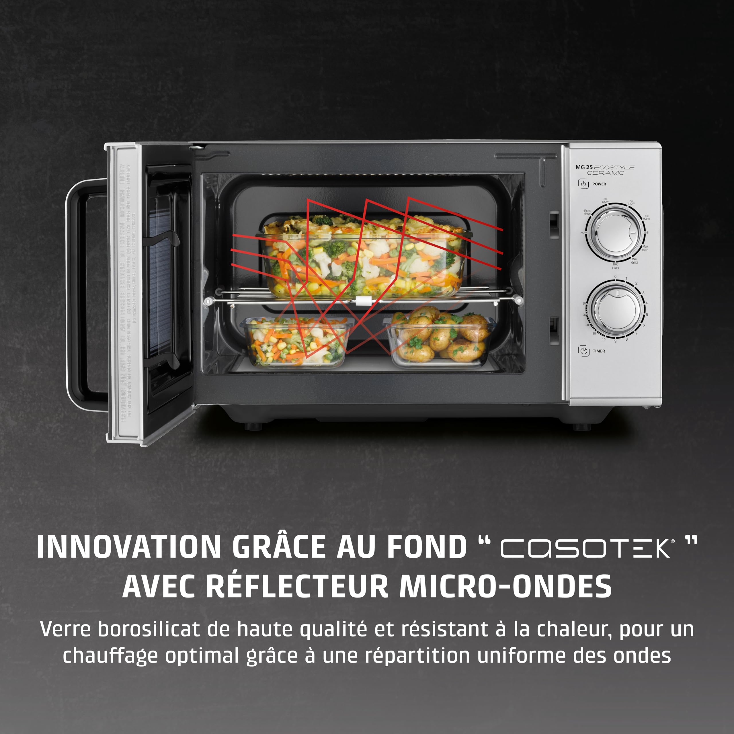 CASO MG 25 Ecostyle Ceramic - Micro-ondes 2-en-1 sans plateau tournant avec gril 1000 W, capacité 25 L, minuterie jusqu’à 30 min, grand format, coloris argent