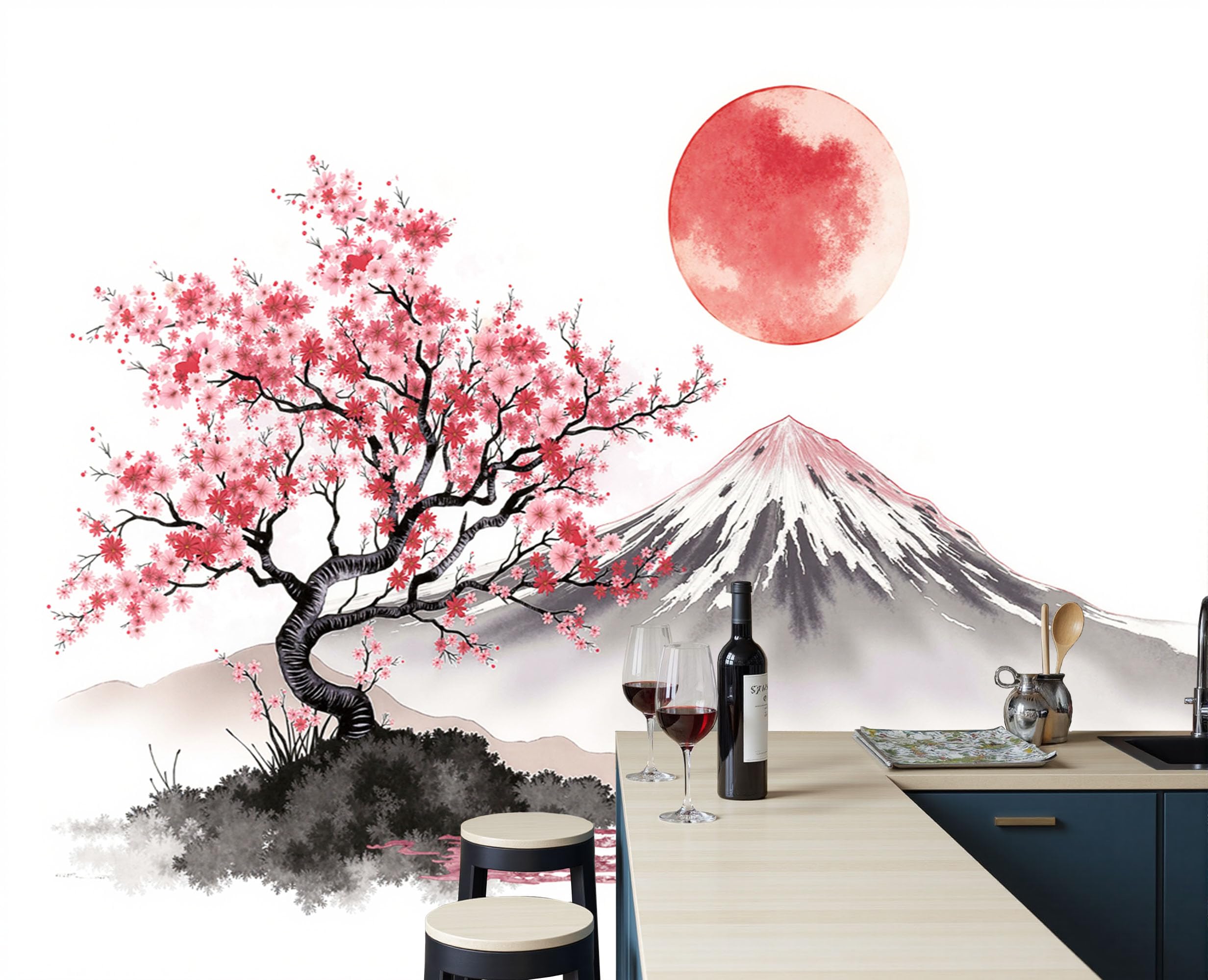 Papier Peint Panoramique Mont Fuji 400X280Cm Rouge et Blanc Aquarelle Fresque Murale pour Salon