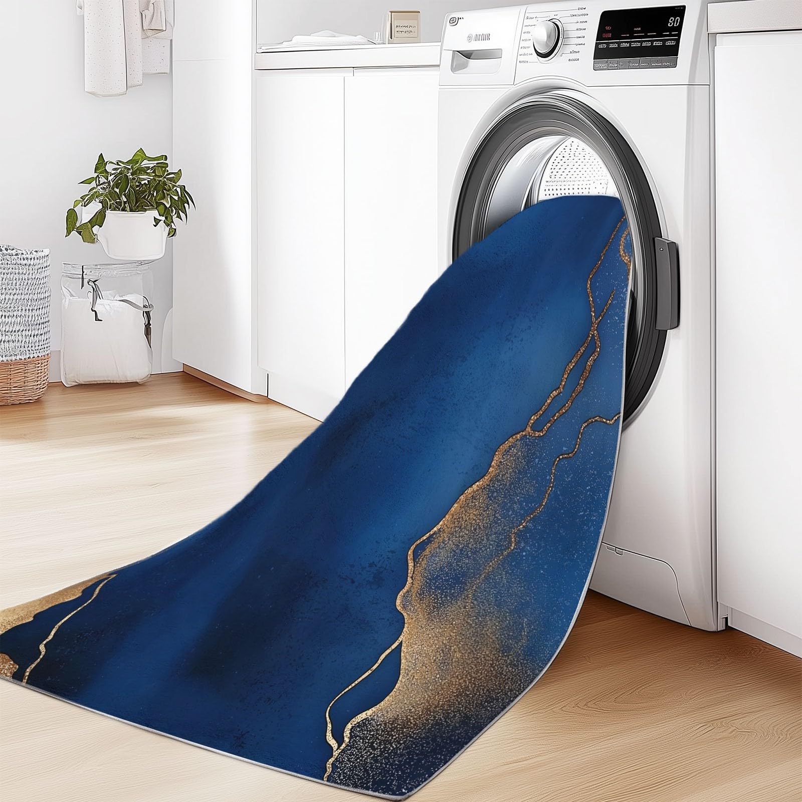 Tapis de Salon 140 x 200 cm – Antidérapant, Doux et Épais Lavable en Machine, Motif Bordure Dorée Abstraite – Tapis de Sol pour Chambre, Salle de Séjour, Bleu