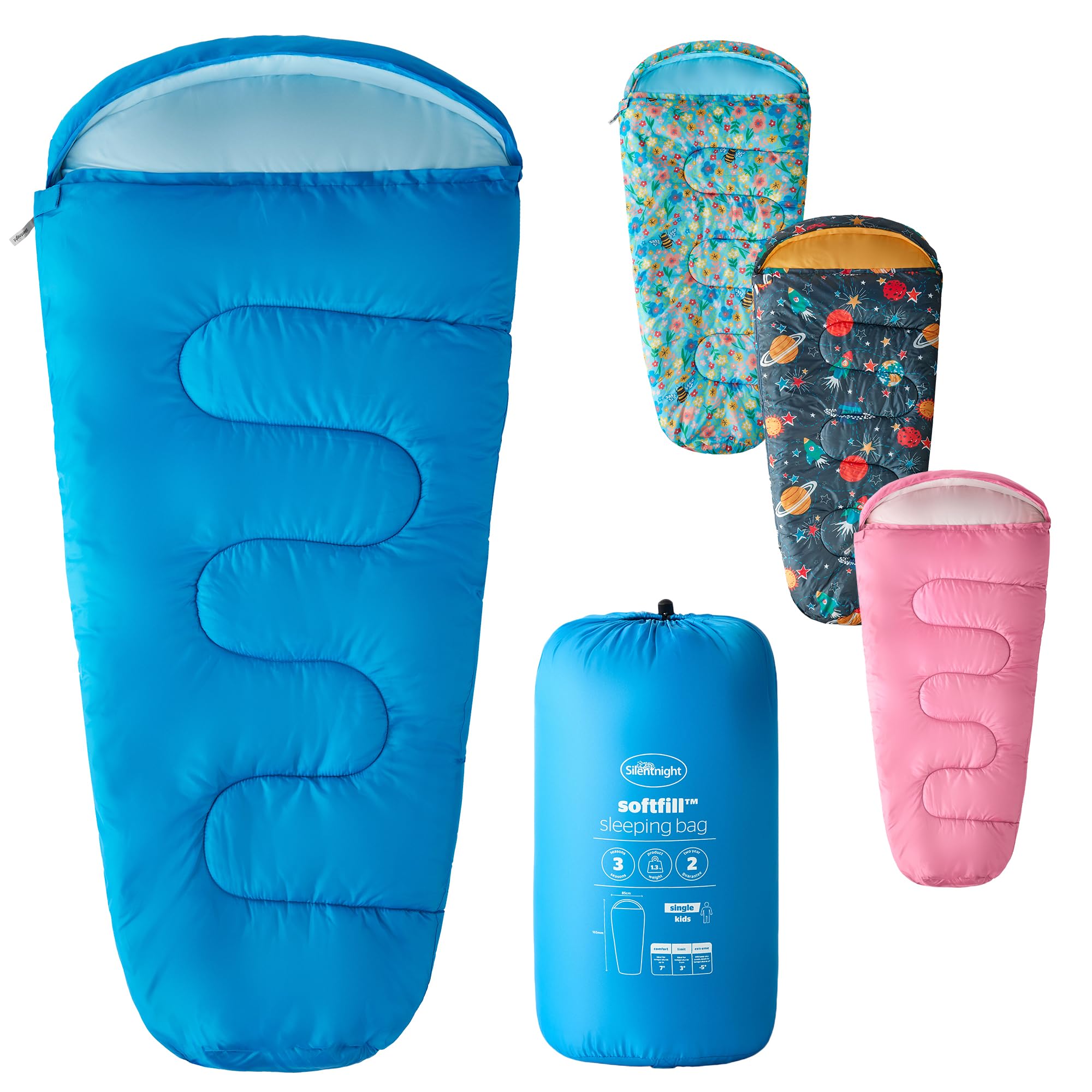 Silentnight Kids Sleeping Bag - Girls Boys 3 Season Mummy Sleeping Bag Ideal for Spring and Summer with Soft Touch Warm Cosy Fabric and Fibres - Machine Washable - 165 x 82cm - Blue