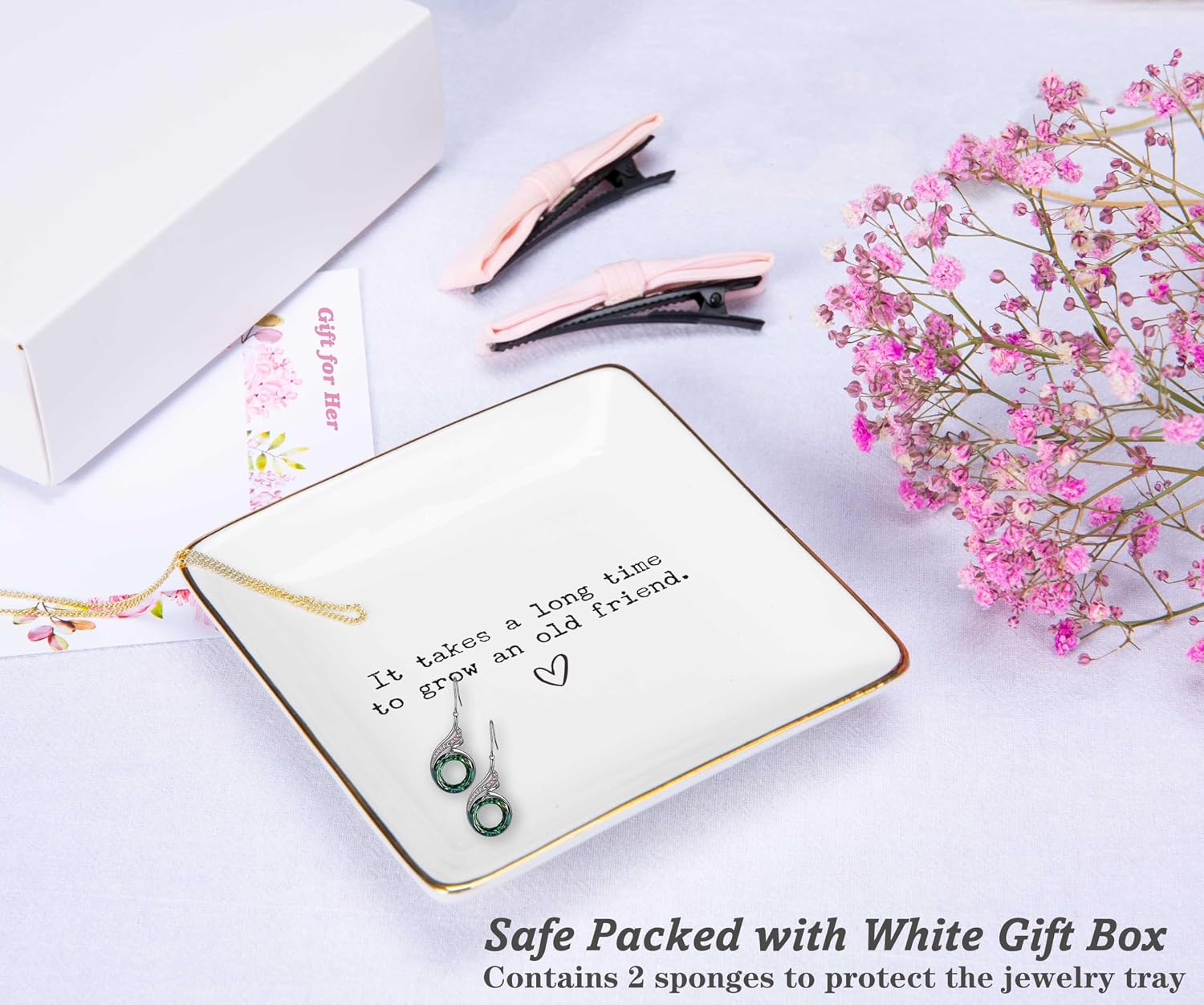 Friendship Christmas Gifts for Best Friend,Bff,Thank You Gift for Bestie,Soul Sisters,Xmas Friendship Keepsake-Ceramic Jewelry Tray Trinket Holder Ring Dish-It Takes A Long Time To Grow An Old Friend image 2