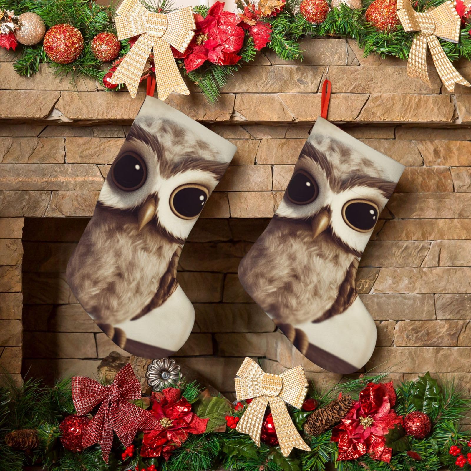 KLOPH Christmas Stockings 18" Personalized Xmas Stocking Cute Owl Decoration Stocking Hanging Fireplace Stocking for Holiday Xmas Tree Christmas Fireplace Decor