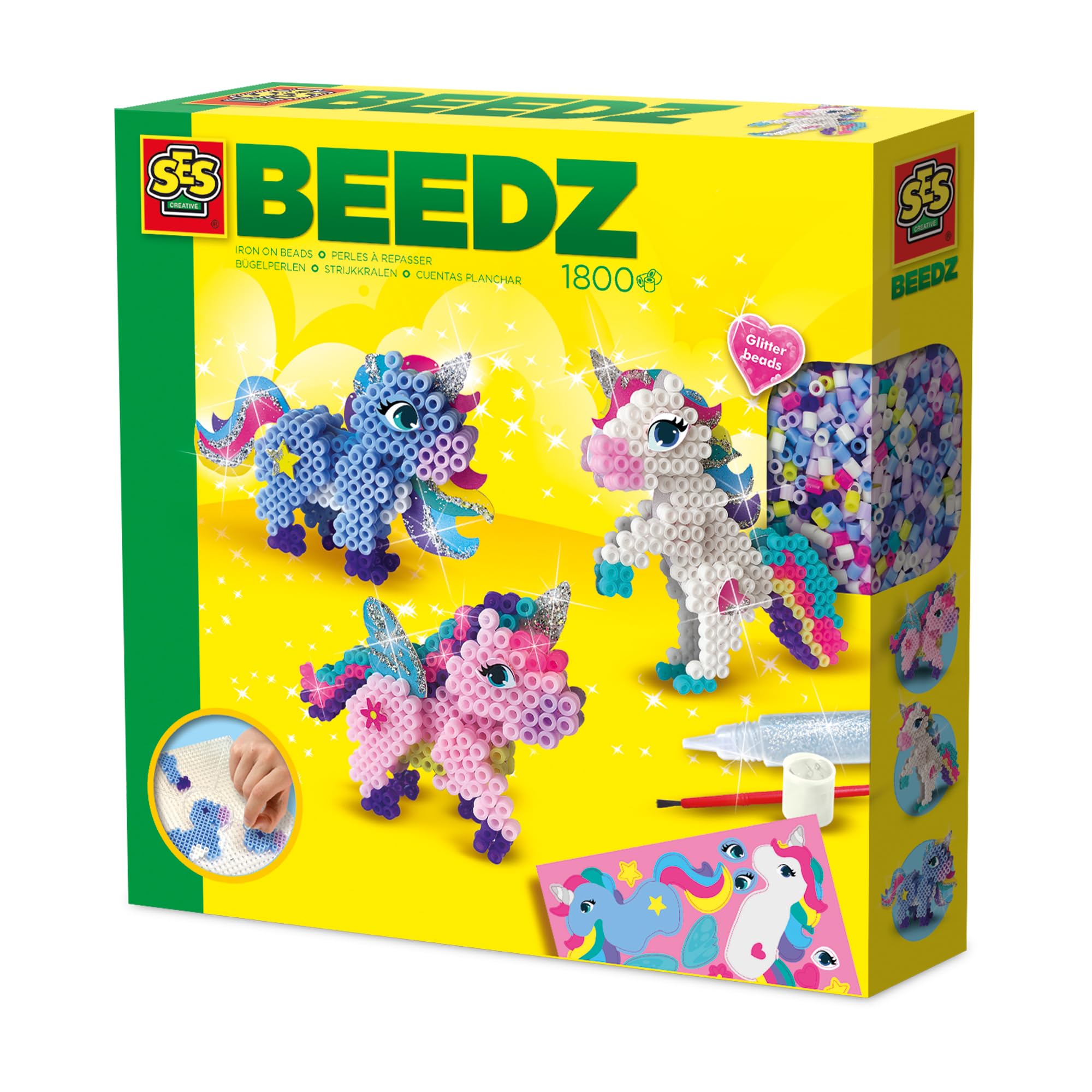 Iron on Beads - Unicorns | Craft kit for girls aged 5 and up, cardboard figures as a base, square pegboard, glitter, glue and brush, PVC free | Craft kit for girls aged 5 and up, cardboard figures as a base, square pegboard, glitter, glue and brush, PVC f
