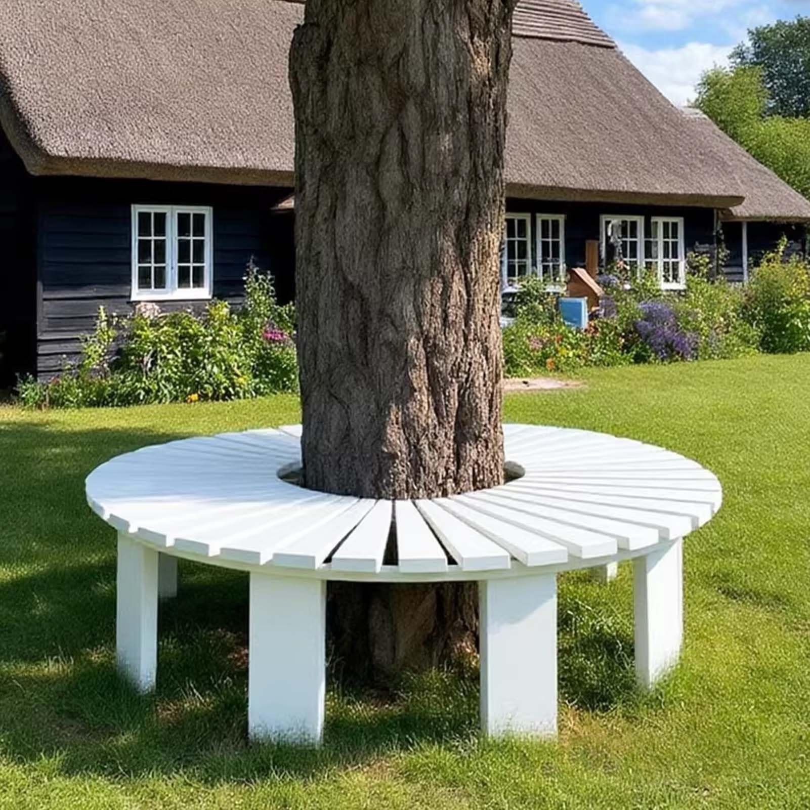 Gaommini Outdoor Patio Garden Benches | Solid Wood Slatted Leisure Stool | Wrap Around Tree Bench | Tree Seat Weather-Resistant Plant Stand Rack(White,Half Round)