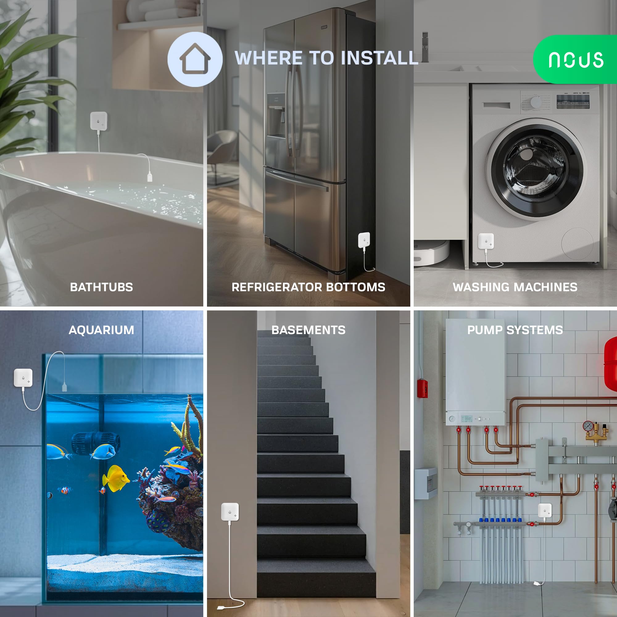 Nous ZigBee Capteur d'eau E13 pour Fuite ou Manque d'eau, Alarme 80 DB, Notification d'application, IP66, Fonctionne avec Piles (2 x AAA), Compatible avec Alexa, Google Home, hub ZigBee nécessaire