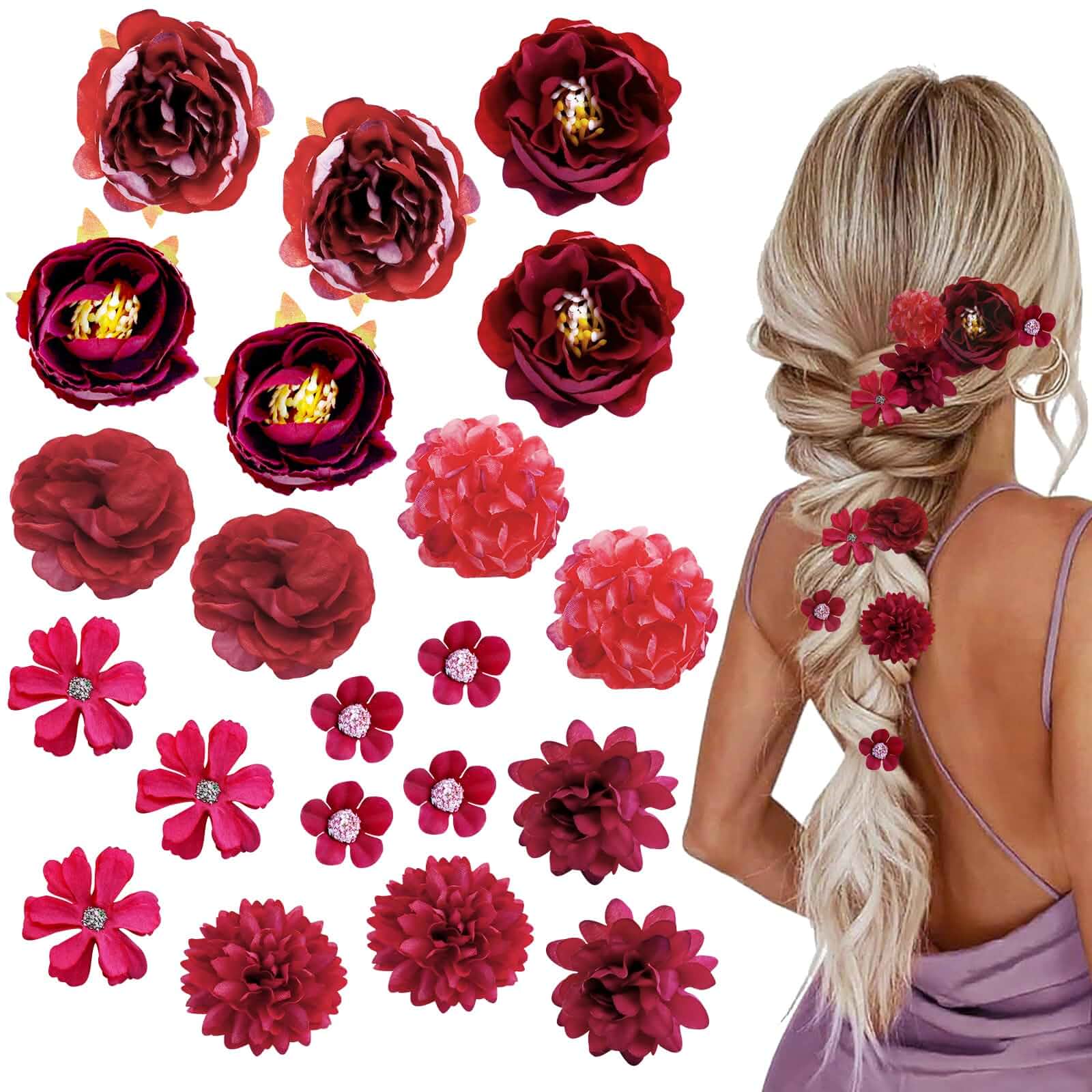 21 PCS Hair Flowers Boho Hair Barrettes Accessories Hawaiian Silk Flower Clips Girls Red Floral Bride Headpiece Festival(Red) Floral