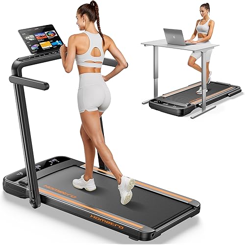 3.0HP Foldable Compact Treadmill,2 in 1 Walking Pad & Jogging Machine for Home/Office,Dual LED Touch Screens Folding Under Desk Motorized Treadmills 265lbs, App& Remote Control,Assembly-Free