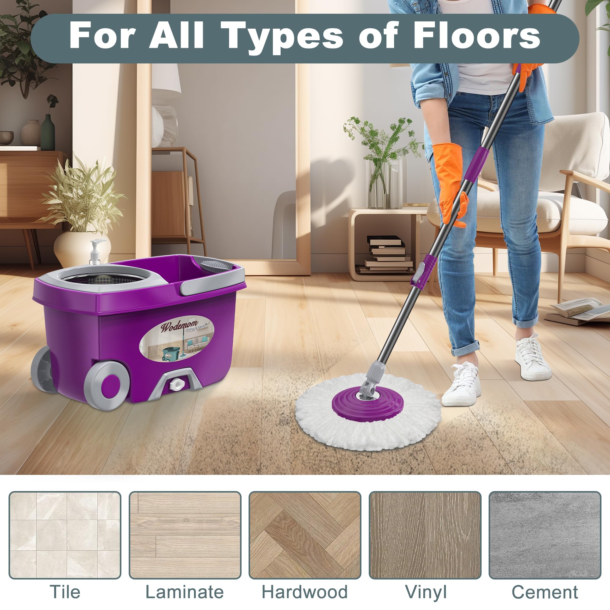 Mopa giratoria de doble compartimento y cubo, fregona y cubo con juego de escurridor, fregona giratoria de 360° para limpieza de suelos con 6 cabezales de repuesto de microfibra, mango extendido de 61