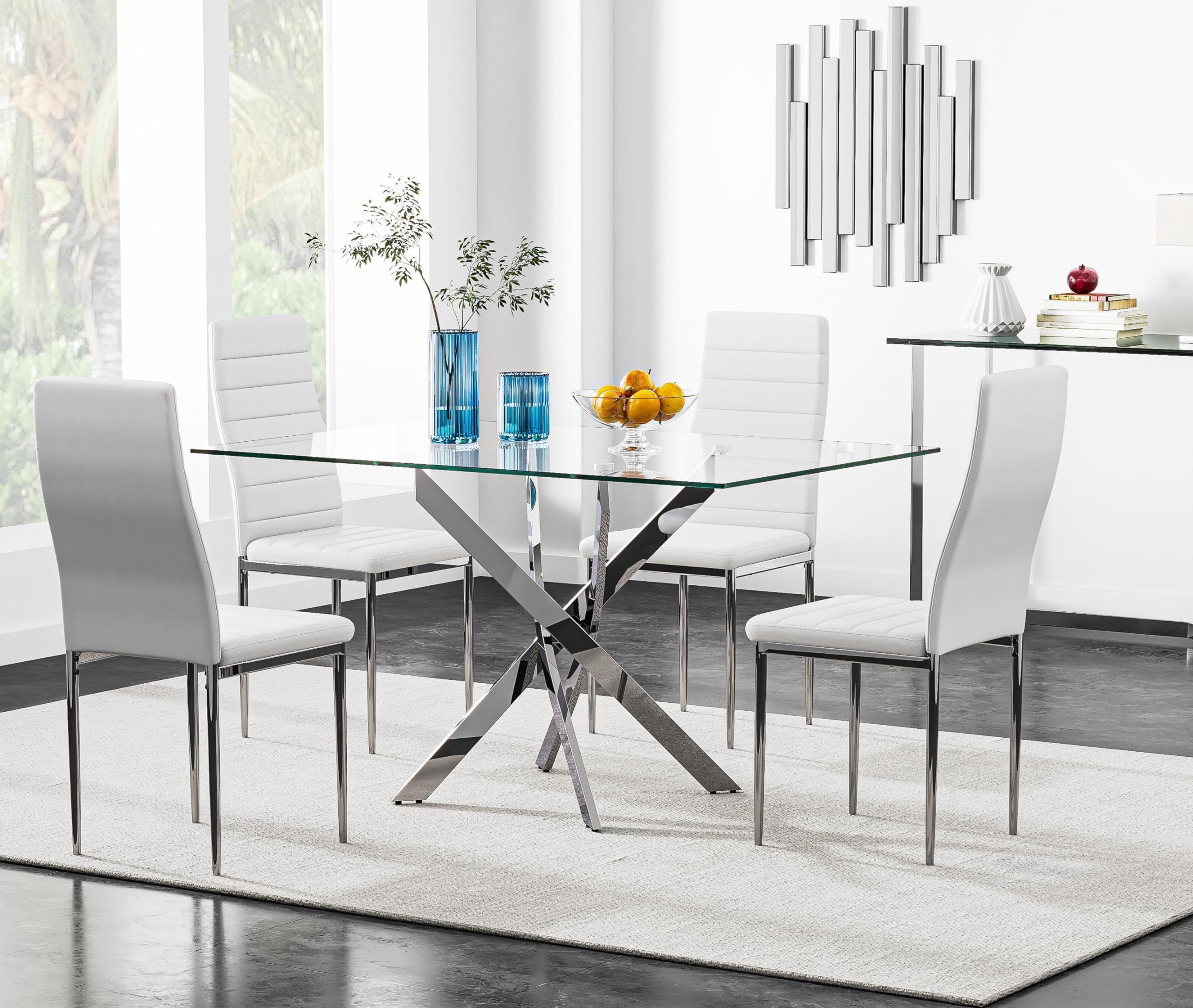 5 Piece Glass Dining Table Set for 4, Modern Kitchen Table and Chairs Set, Tempered Glass Table with 4 Upholstered Chairs, Space-Saving Dining Set for Small Apartment, Kitchen (Silver&amp;White)