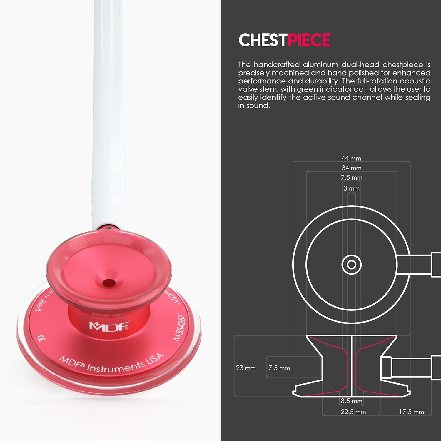 MDF Instruments, Acoustica Lightweight Stethoscope for Doctors, Nurses, Students, Home Health Use, Adult, Dual Head, White Tube, Red Chestpiece-Headset, MDF747XPR29