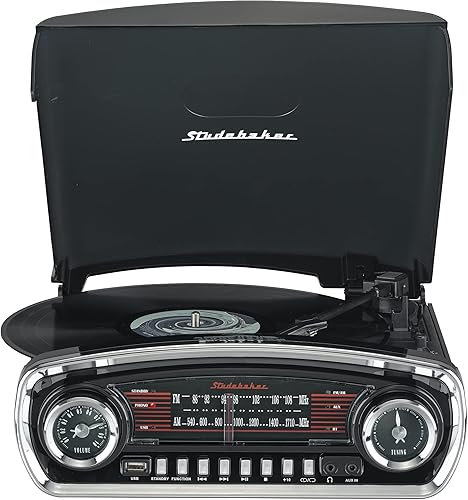 Miniatura 3 de Studebaker Tocadiscos de control de tono de 3 velocidades con receptor Bluetooth Radio estéreo AMFMranura USB para reproducción de MP3auriculares y
