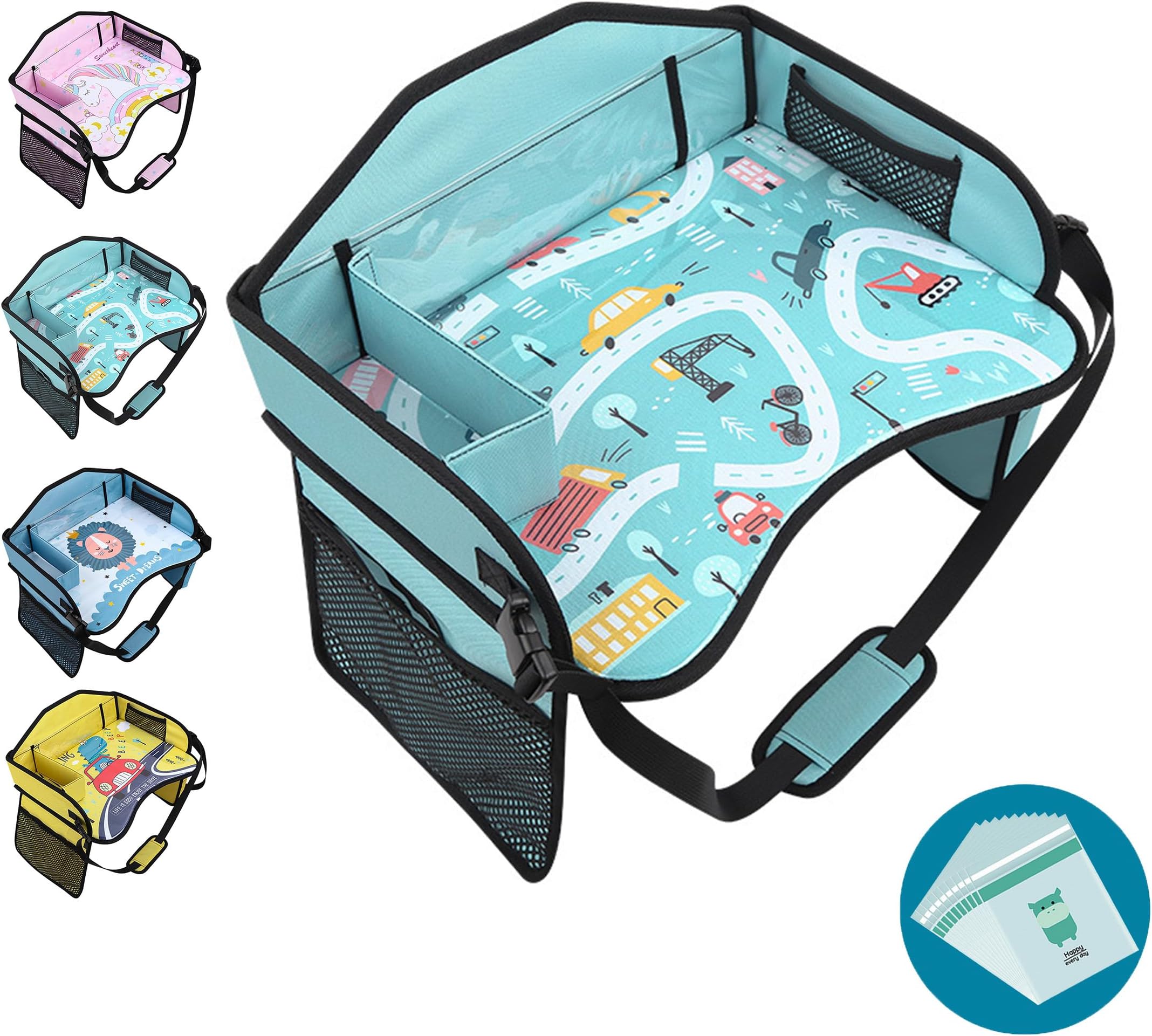 Car Seat Tray for Kids Travel, Toddler Travel Tray for Car Airplane, Car Trays for Kids Roadtrip Essentials, Carseat Table Fo Road Trip Activities, Lap Desk Organizer (Car Blue)