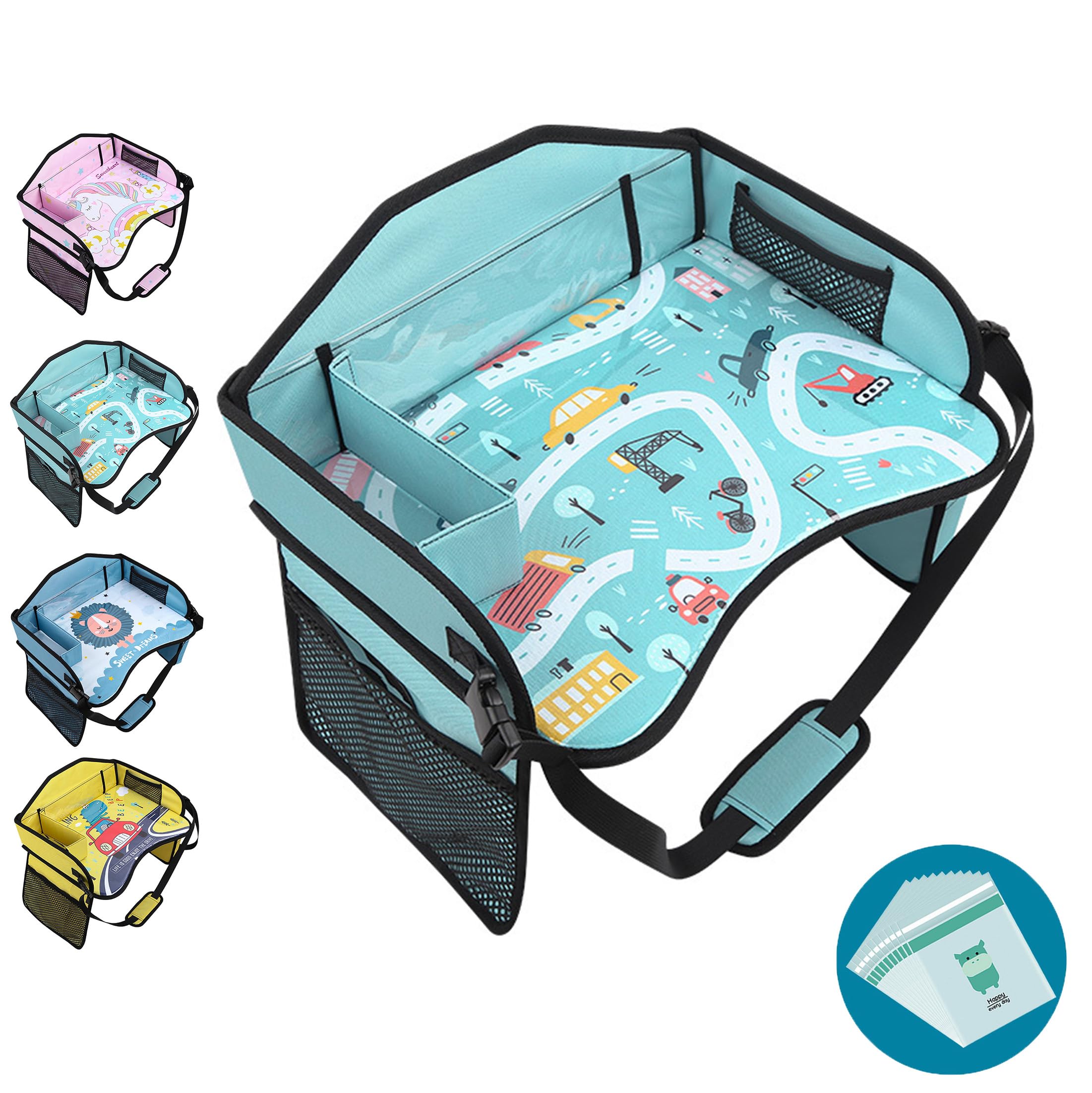 Car Seat Tray for Kids Travel, Toddler Travel Tray for Car Airplane, Car Trays for Kids Roadtrip Essentials, Carseat Table Fo Road Trip Activities, Lap Desk Organizer (Car Blue)