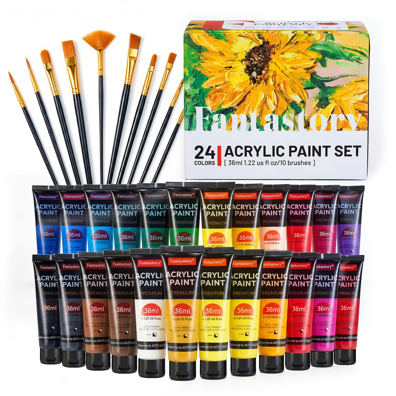 fantastory Acrylic Paint Set 24 Tubes × 36 ml; Excellent Coverage, High Light Fastness, Waterproof Acrylic Paint, with Additional White & Gold, for Canvas, Wood, Ceramics, Models, Artists